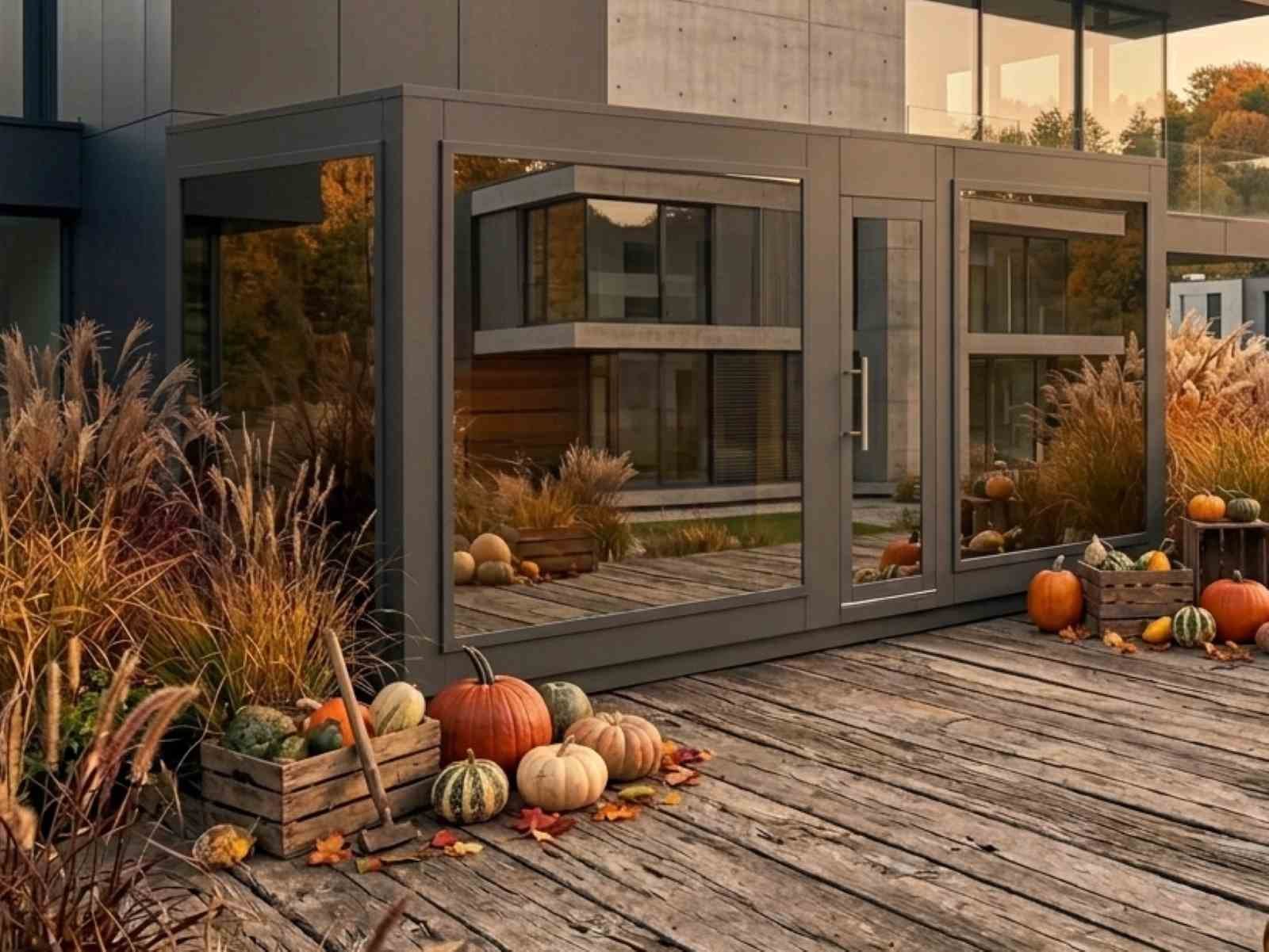 Gartensauna mit Holzofen und Vorraum für 2-4-6 Personen modern kaufen Cube Außensauna mit Ruheraum Glasfront verspiegelt Sauna outdoor Design Spiegelglas luxus premium