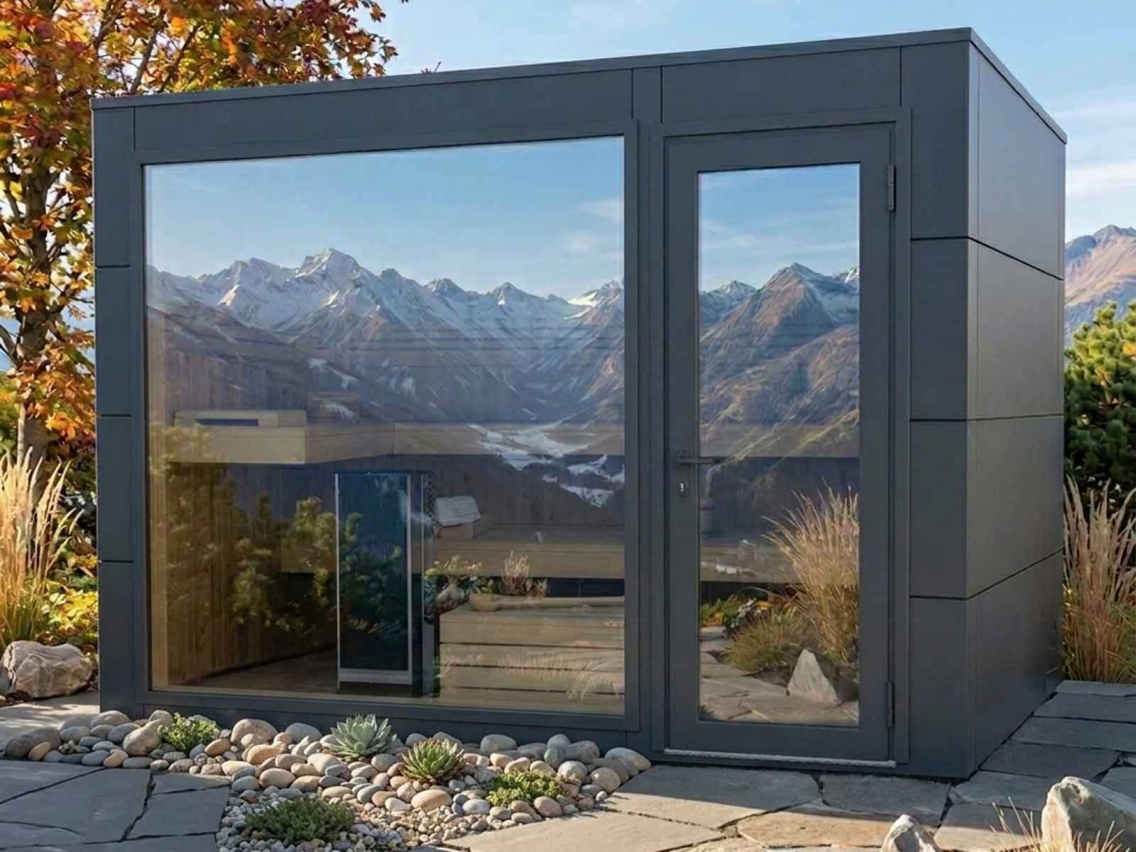 Gartensauna mit Holzofen und Vorraum klein für 2 Personen modern kaufen Cube kleine Außensauna mit Glasfront verspiegelt Sauna outdoor Design Spiegelglas luxus premium Kosten