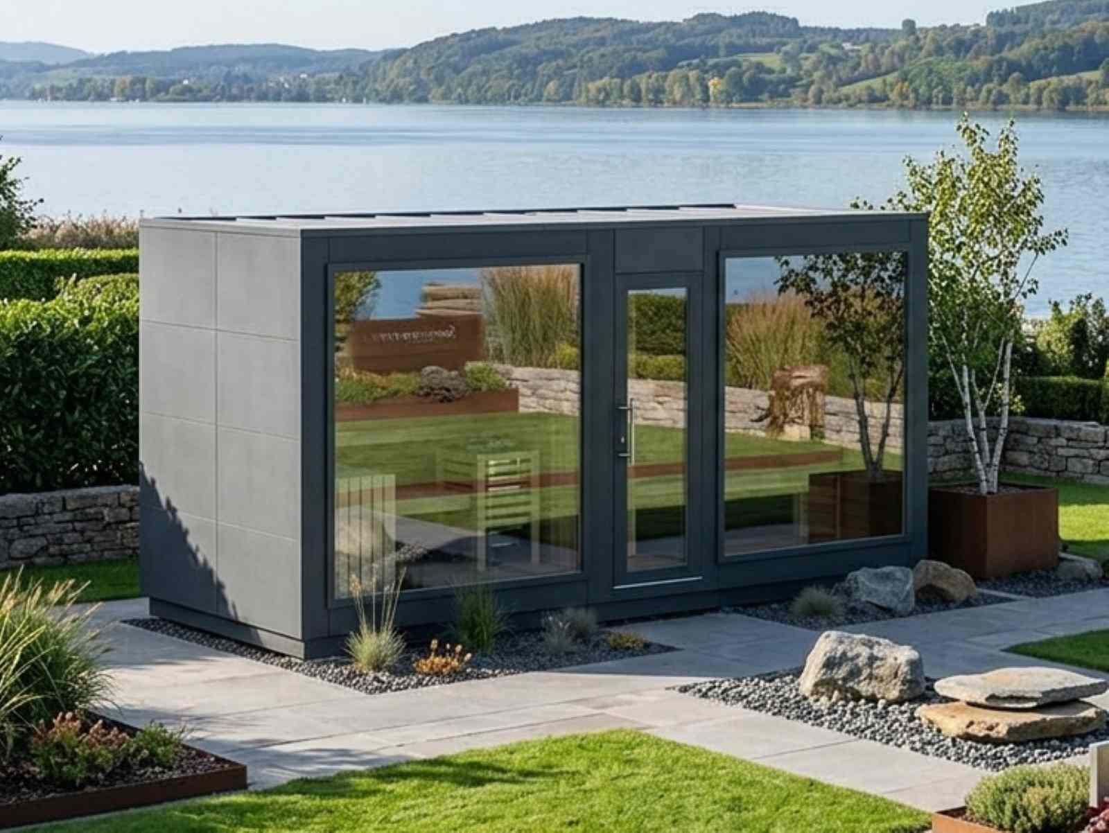 Gartensauna mit Vorraum und Dusche Whirlpool modern kaufen Cube Saunahaus mit Vorraum Außensauna mit Holzofen Elektroofen Glasfront Panoramafenster Ideen