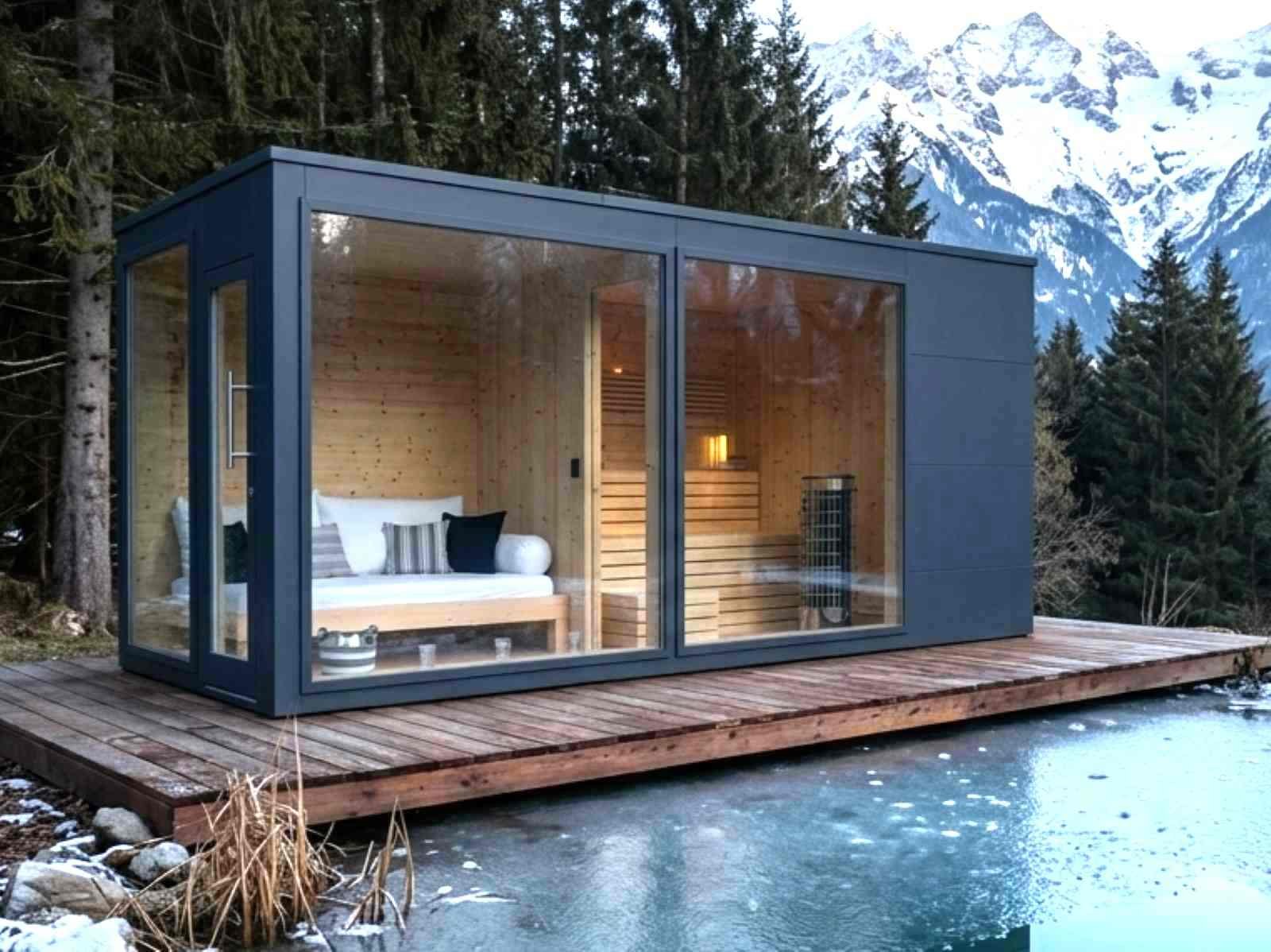 Gartensauna mit Whirlpool Vorraum Dusche Holzofen kaufen Design modern 2-3-4-5-6 Personen Glasfront Panoramafenster vormontiert mit Aufbauservice