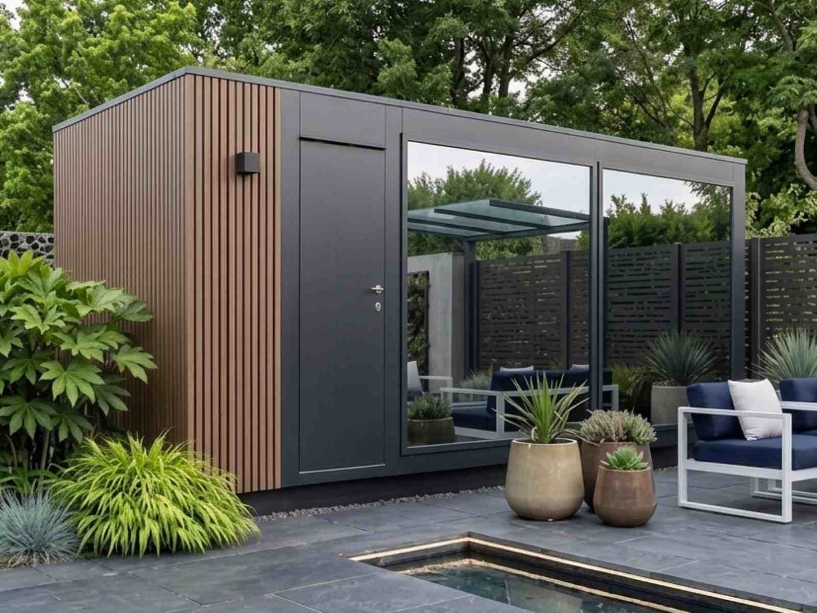 Gartensauna mit Whirlpool Vorraum Dusche Holzofen kaufen modern 2-3-4-5-6 Personen Glasfront Panoramafenster vormontiert mit Aufbauservice Ideen