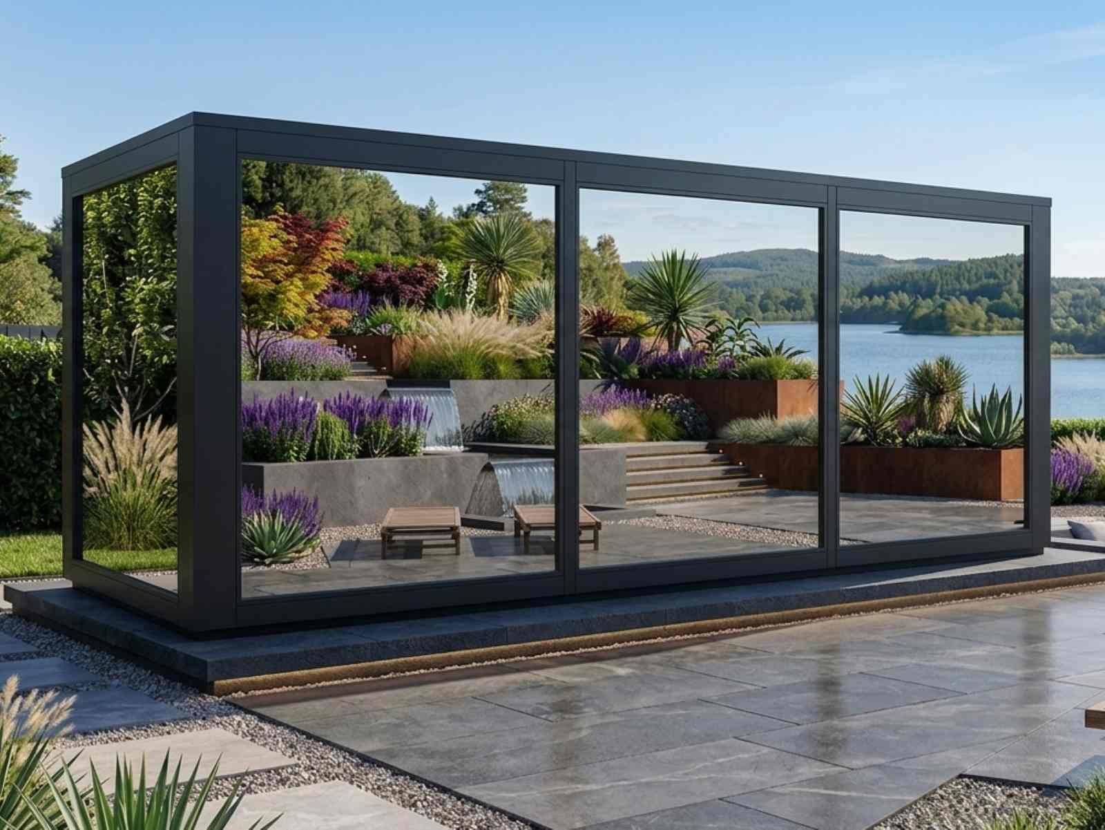 Gartensauna mit Whirlpool Vorraum Dusche Holzofen kaufen modern 2-3-4-5-6 Personen Glasfront Panoramafenster vormontiert mit Montageservice