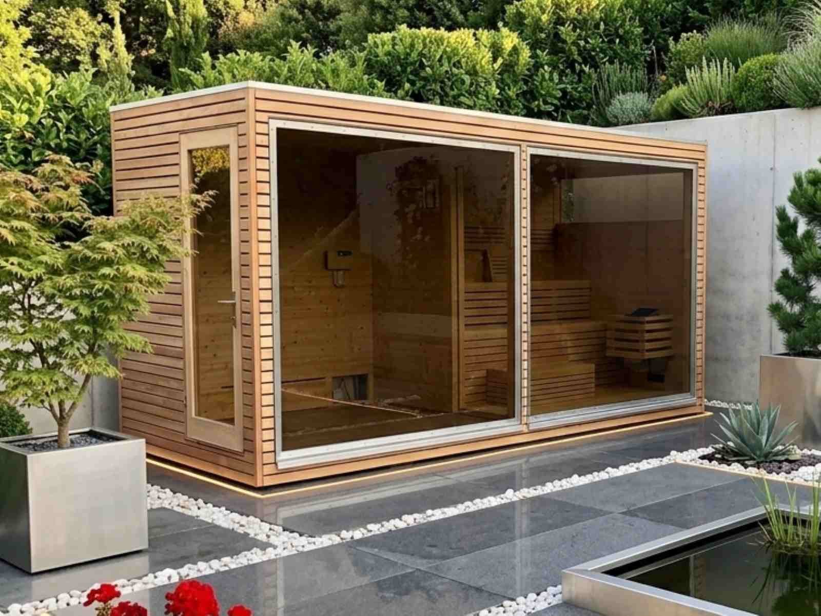 Gartensauna modern Glas Holz mit Vorraum Saunahaus Design Dusche Holzofen moderne Außensauna mit Ruheraum kaufen 2-3-4-5-6 Personen Glasfront Kosten Panoramafenster vormontiert mit Aufbau