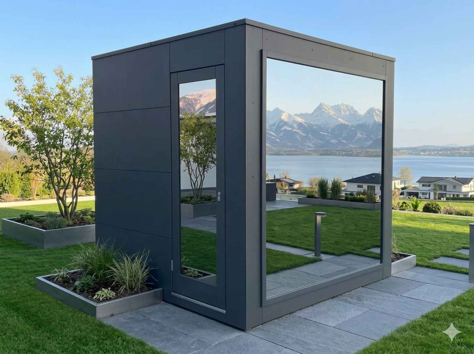 Gartensauna modern Glas klein Saunahaus Design Dusche Holzofen moderne Außensauna kaufen 2-3-4-5-6 Personen Glasfront Kosten Panoramafenster vormontiert mit Aufbauservice