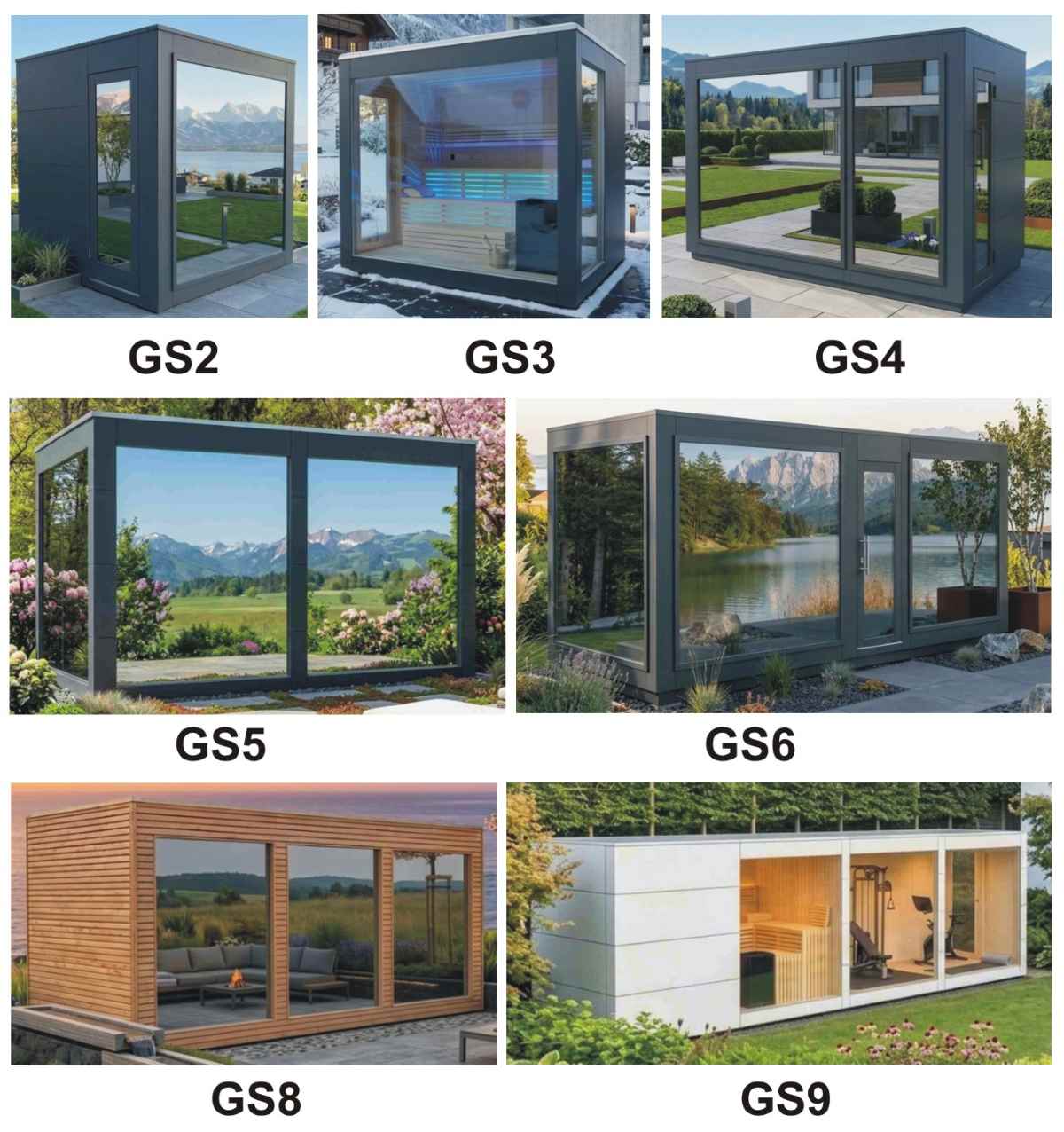 Gartensauna modern kaufen Cube Glasfront Design Saunahaus mit Vorraum GS1-GS9 Modelle Preis-Konfigurator