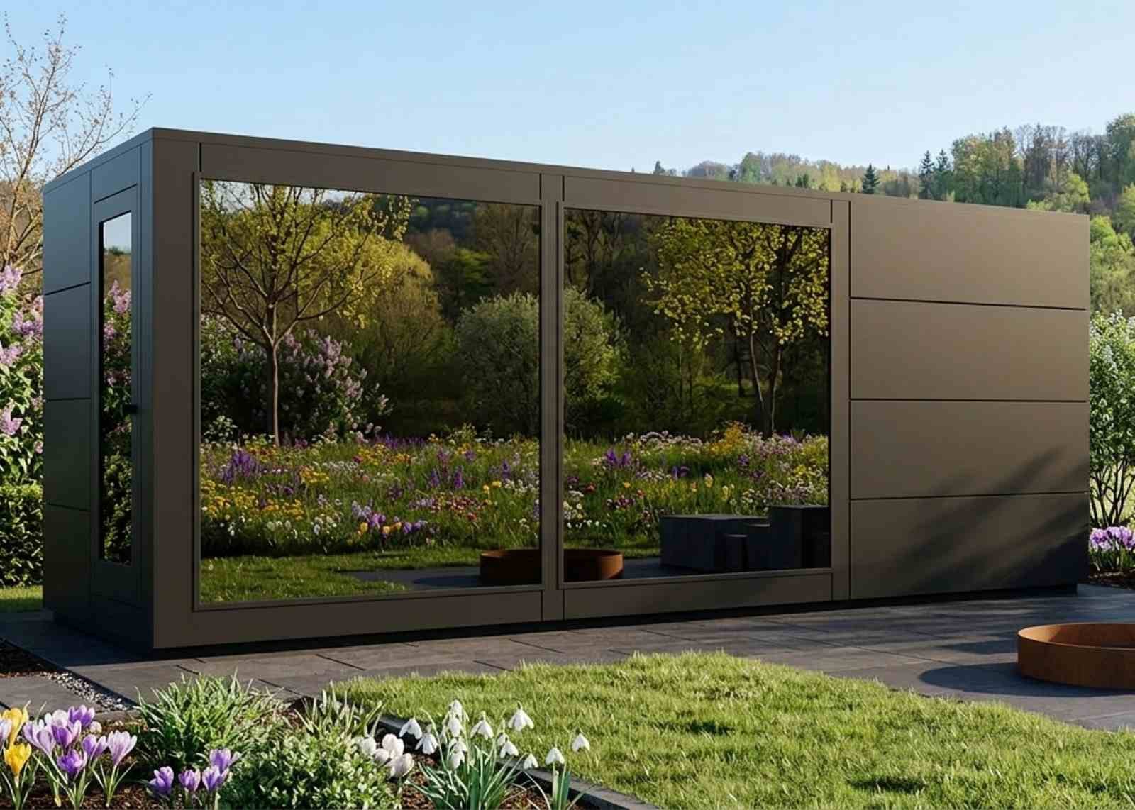 Gartensauna modern mit Vorraum Glas Gartenhaus Saunahaus Design Dusche Holzofen moderne Außensauna mit Whirlpool kaufen 2-3-4-5-6 Personen Glasfront Kosten Panoramafenster vormontiert