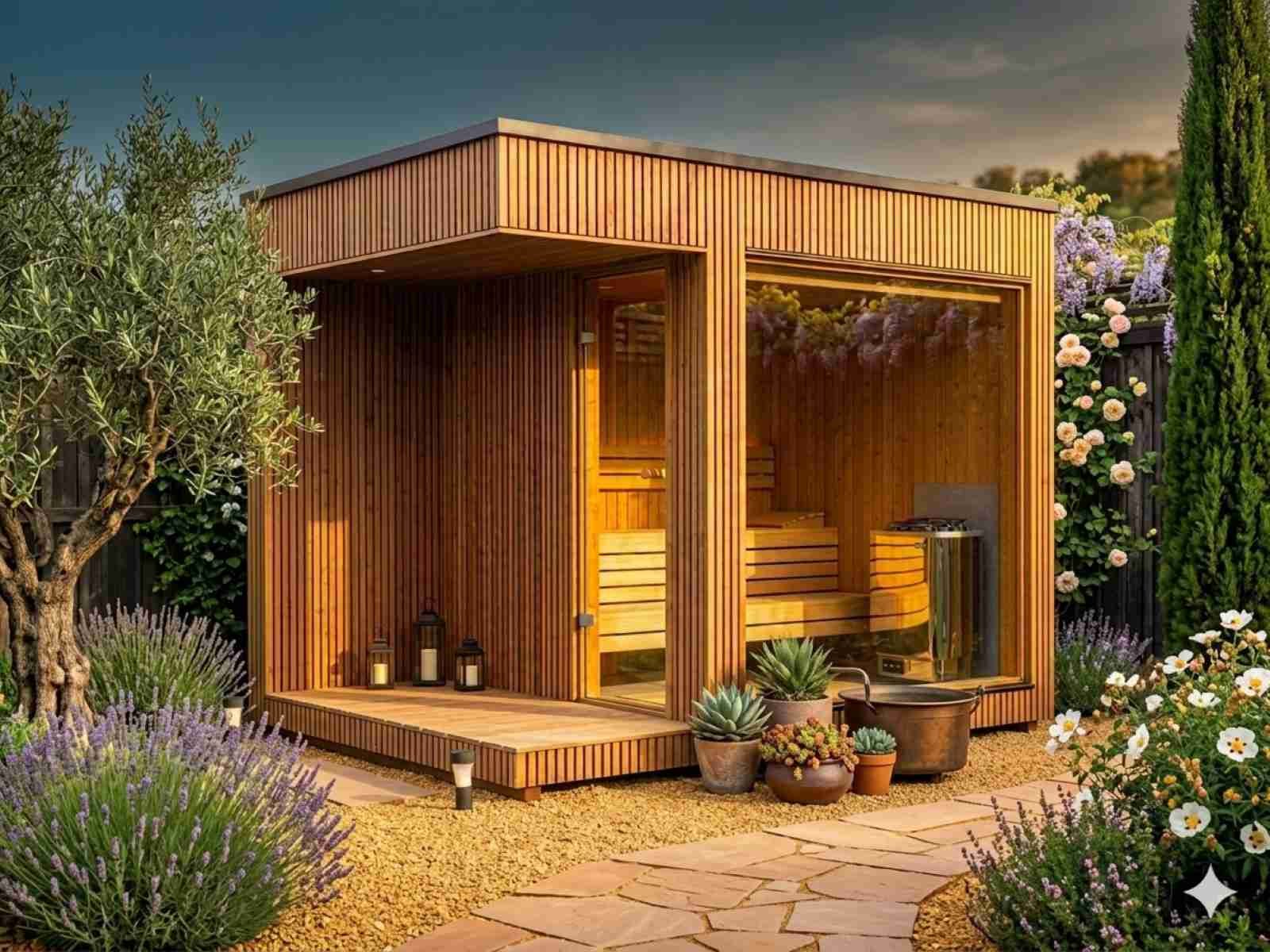 Kleine Gartensauna mit Elektoofen 230v Holzofen 2 Personen klein mini outdoor Sauna draußen Design modern Deutschland Österreich Schweiz aus Polen Glasfront Panoramafenster