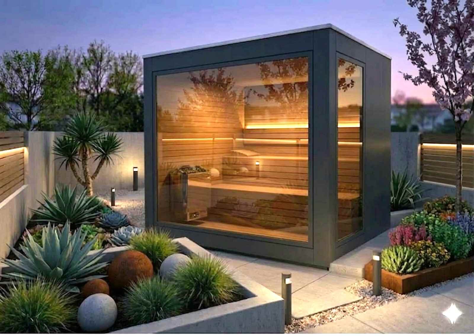 Kleine Gartensauna modern kaufen Cube GS3 Design mit Glasfront kleine Außensauna 2-4-6 Personen Saunahaus Panoramafenster Premium Luxus Preis