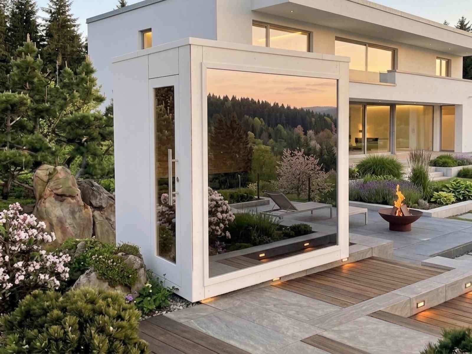 Mini Gartensauna klein für 2 Personen modern kaufen Cube GS1 kleine Außensauna mit Glasfront verspiegelt Sauna outdoor im Garten Design Spiegelglas luxus premium