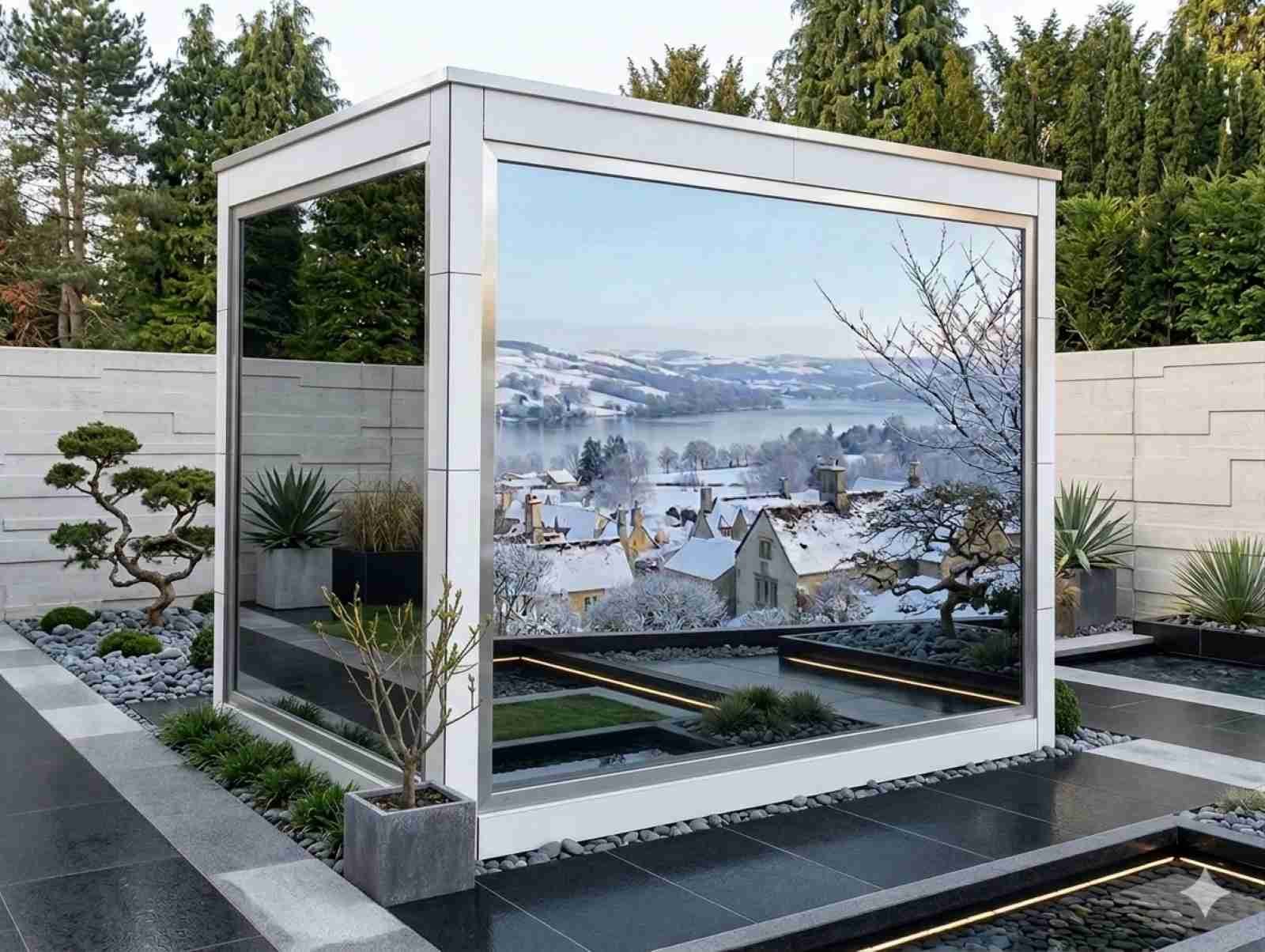 Moderne Gartensauna Glas mit Vorraum Saunahaus modern Design Dusche Holzofen moderne Außensauna kaufen 2-3-4-5-6 Personen Glasfront Kosten Panoramafenster vormontiert mit Aufbau