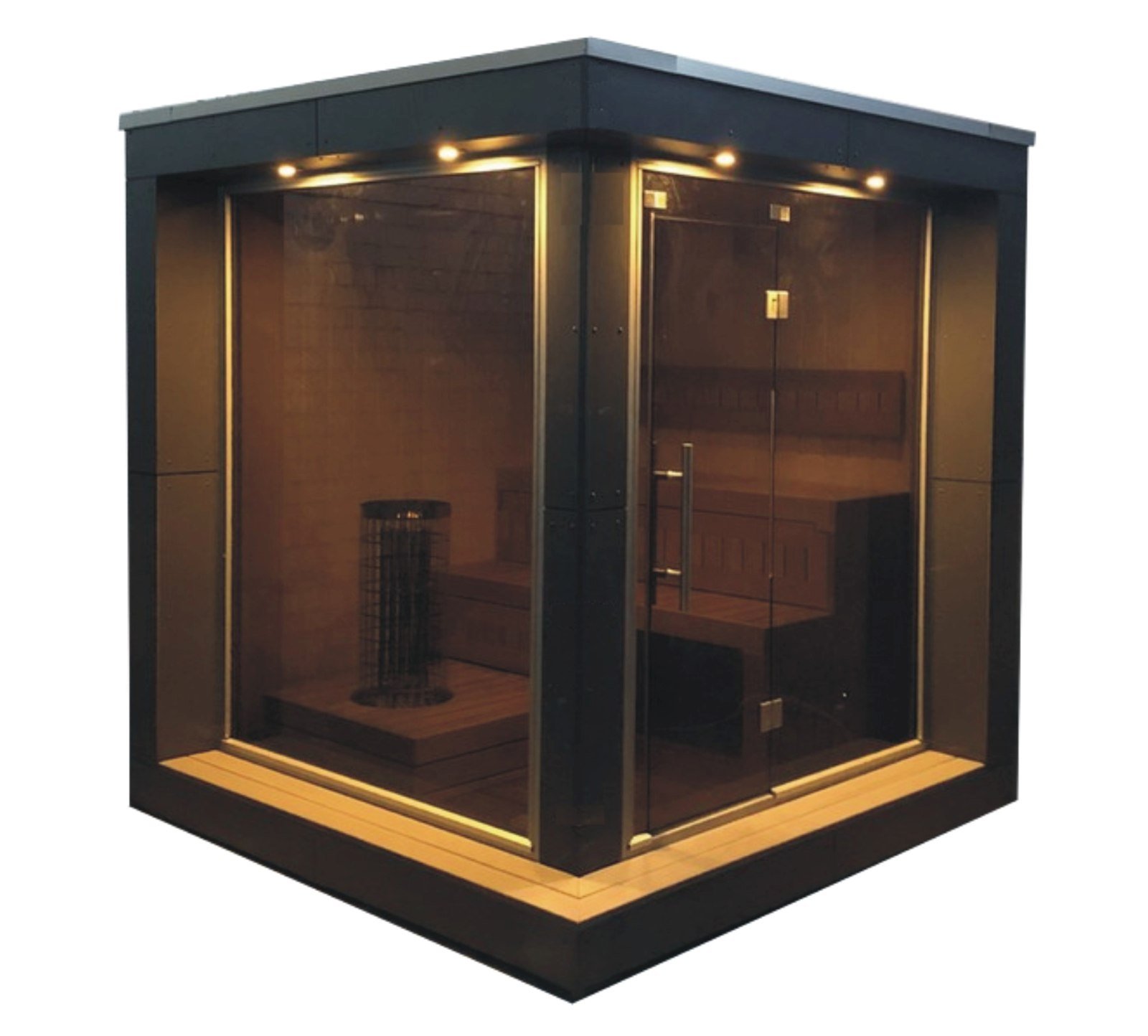 Sauna Garten klein mini kaufen Gartensauna modern 2-4 Personen Glas HPL Glasfront PanoramafensterAußensauna Outdoor Sauna Design Komplettset vormontiert mit Montag Cube Flachdach Kosten