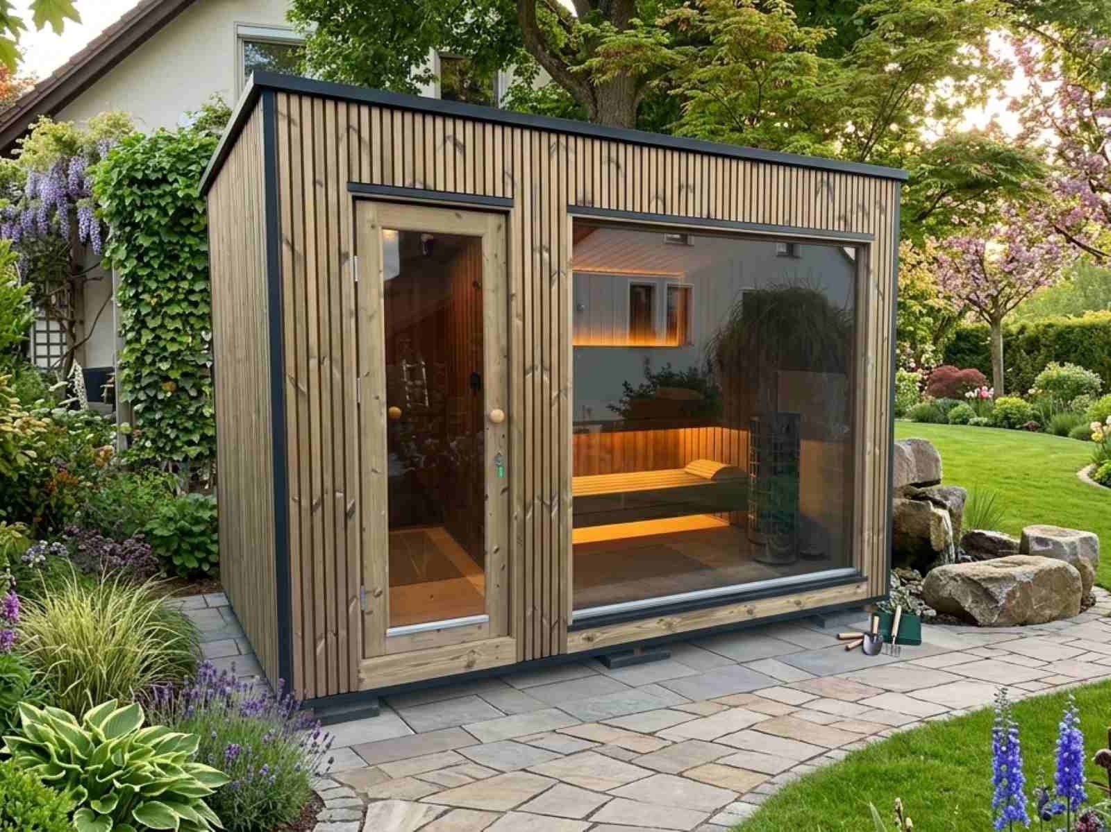 Sauna Gartenhaus modern Kombination Outdoor mit Glasfront mit Vorraum Holzofen mit Gartensauna Glas Aussensauna Design vormontiert mit Aufbau