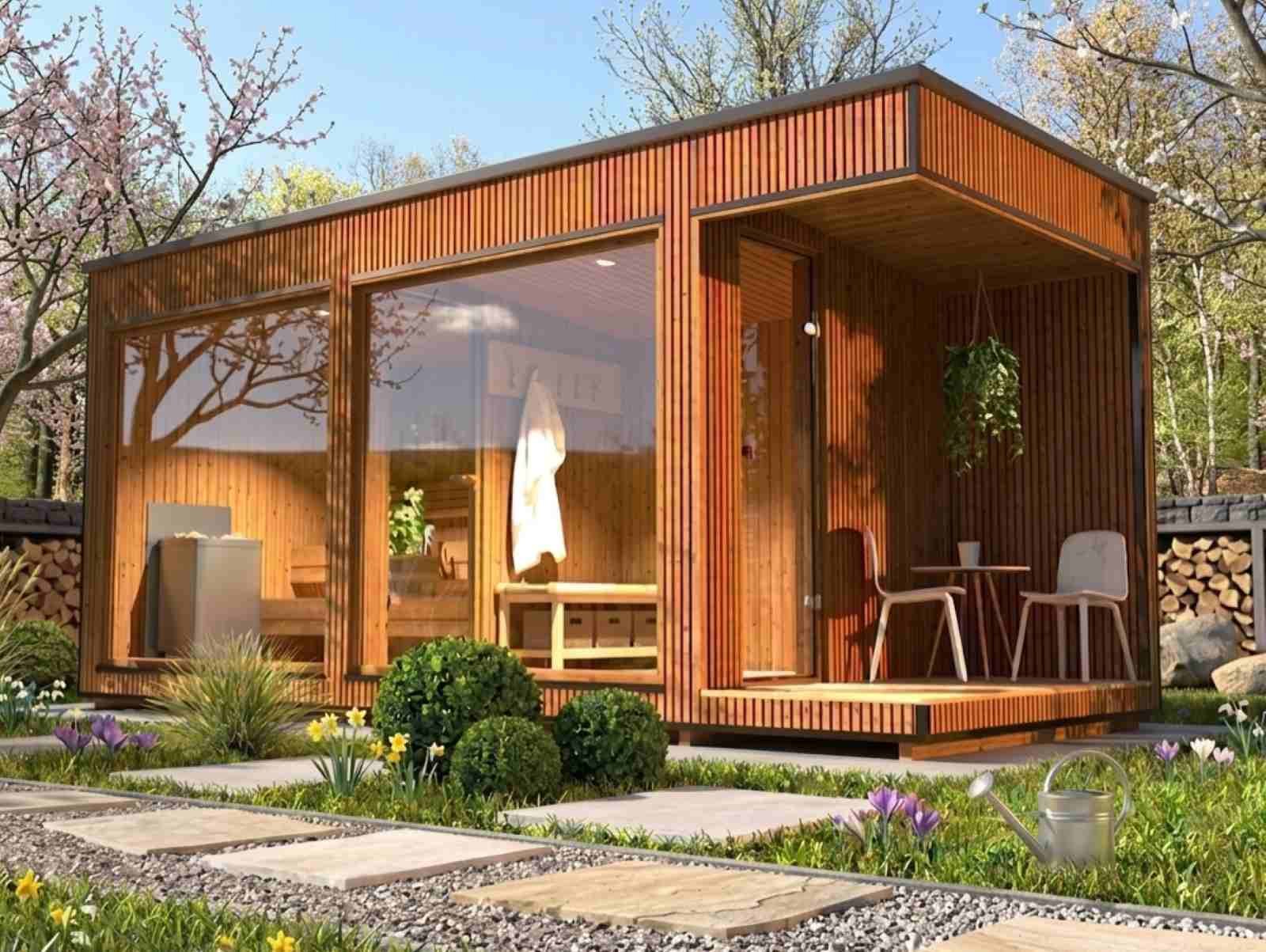 Sauna außen komplett kaufen modern mit Vorraum und Terrasse Glasfront Holzofen modern Gartensauna Glas Aussensauna Design vormontiert mit Montageservice