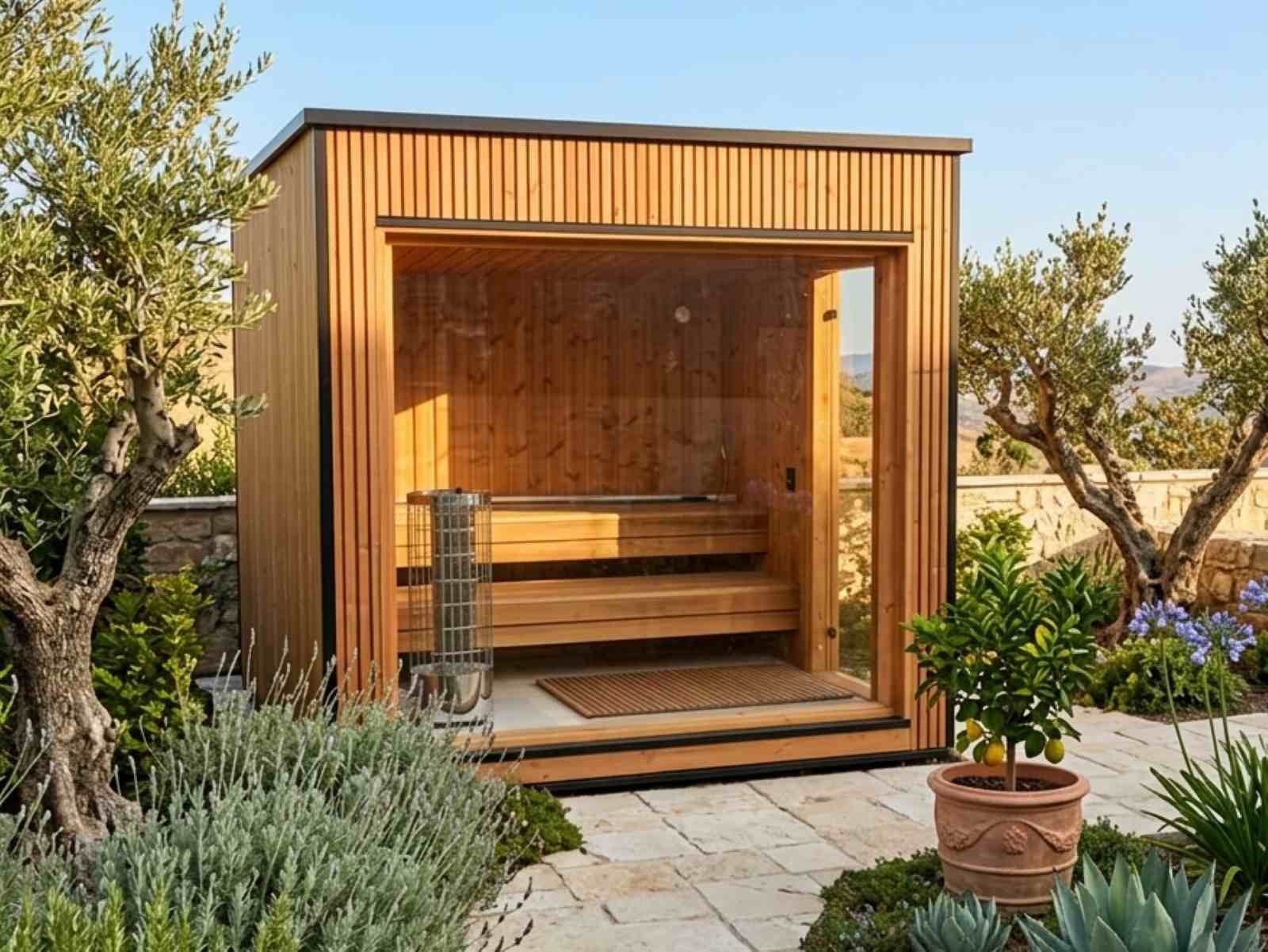 Sauna klein Outdoor Holzofen Elektroofen kleine Gartensauna mini draußen Design modern Deutschland Österreich Schweiz aus Polen Glasfront Panorama Ideen