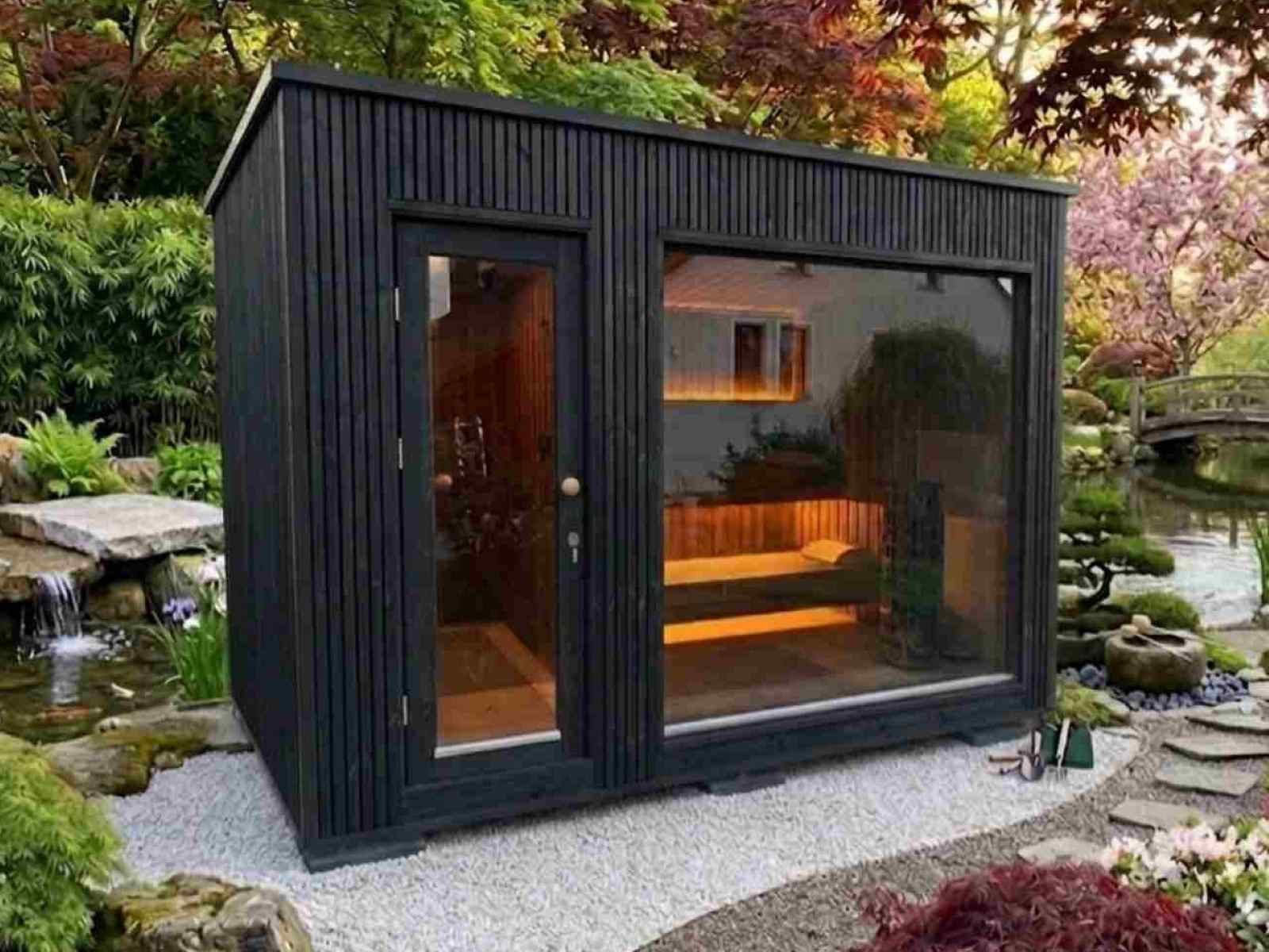 Sauna klein Outdoor Holzofen Elektroofen kleine Gartensauna mini draußen Design modern Deutschland Österreich Schweiz aus Polen Glasfront Panoramafenster Ideen