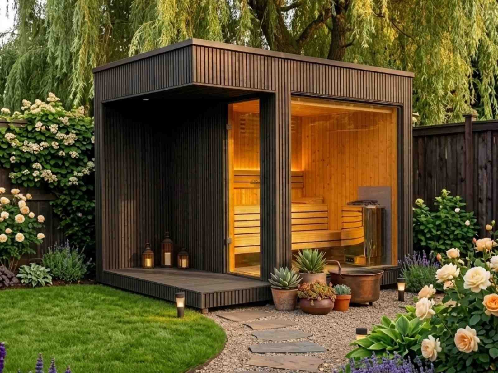 Sauna klein Outdoor aus Holz Holzofen Elektroofen kleine Gartensauna mini draußen Design modern Deutschland Österreich Schweiz aus Polen Glasfront Panorama Ideen