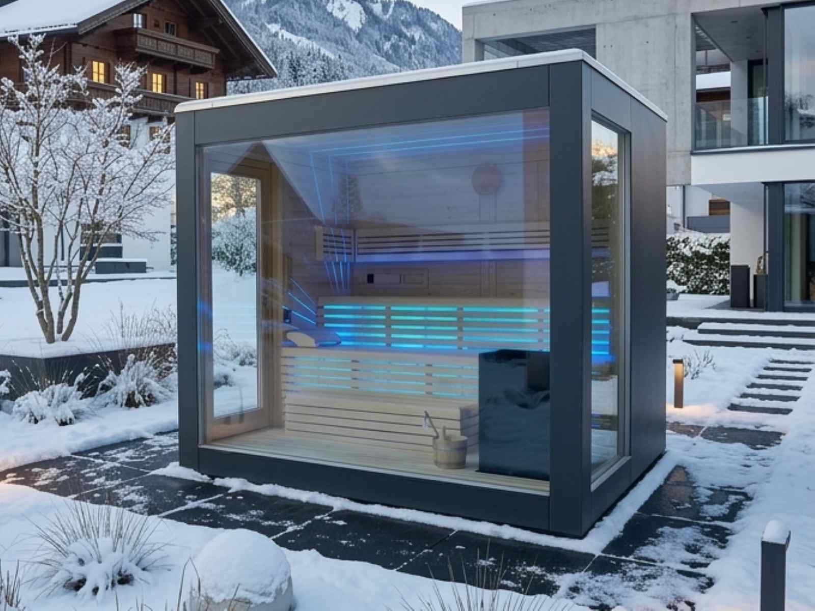Sauna klein Outdoor kaufen kleine Gartensauna modern kaufen Cube Design mit Glasfront kleine Außensauna 2-4-6 Personen Panoramafenster Premium Luxus Preis