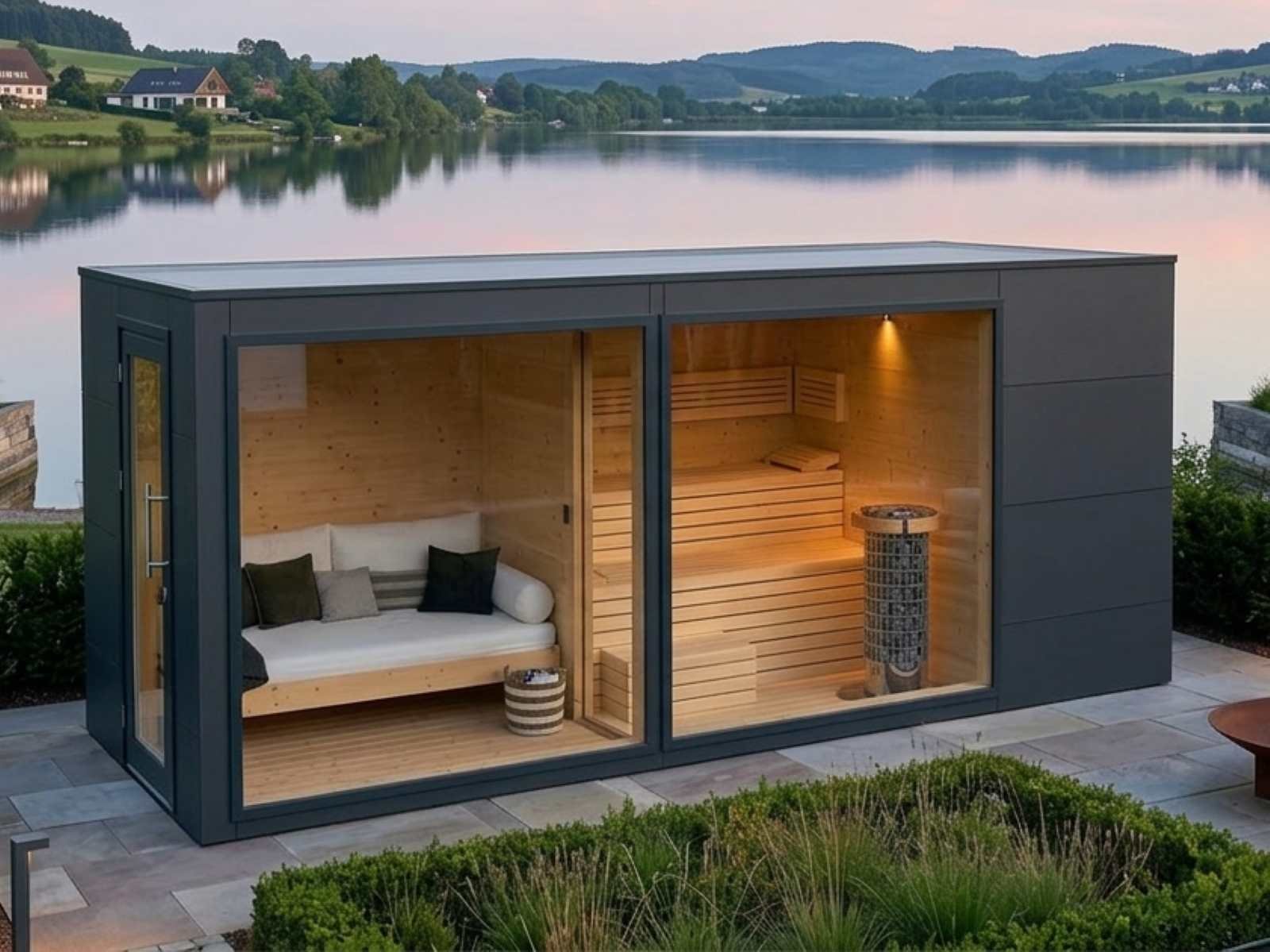Saunahäuser für den Garten modern mit Vorraum Dusche Holzofen Whirlpool Glasfront Ruheraum für 2-3-4-5-6 Personen Luxus vormontiert mit Aufbau Cube Panaromafenster exklusiv