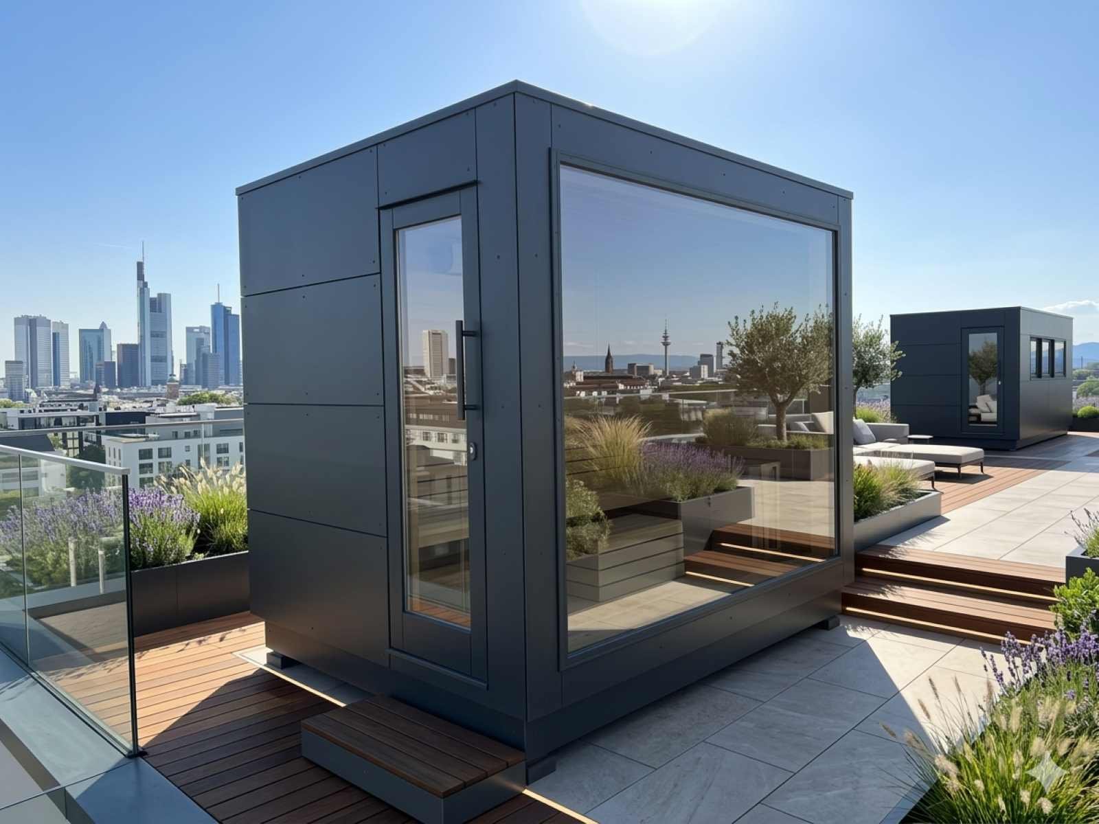 Saunahäuser klein für den Garten modern Dusche Holzofen Whirlpool Glasfront Ruheraum für 2-3-4-5-6 Personen Luxus vormontiert mit Aufbau Cube Panaromafenster Dachterrasse