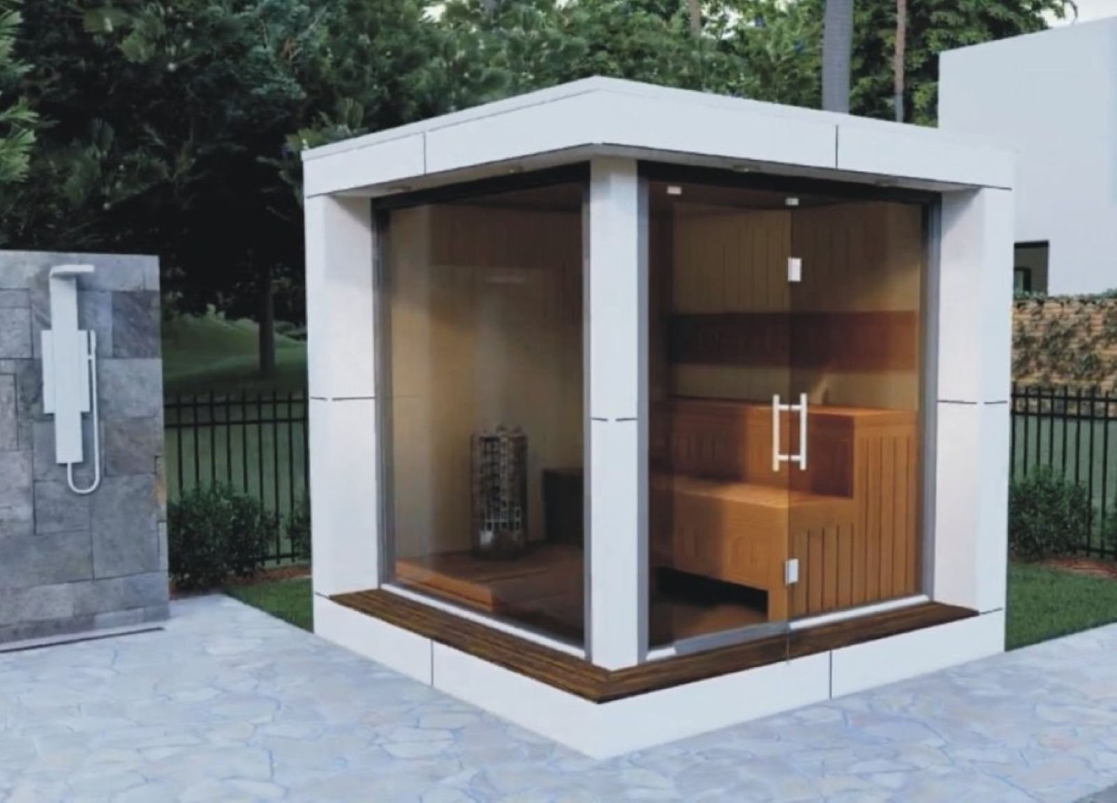 Saunahäuser klein mini modern kaufen mit Holzofen Whirlpool Design kleines Gartensauna mit Glasfront 2-3-4-5-6 Personen Außensauna Design vormontiert mit Montage