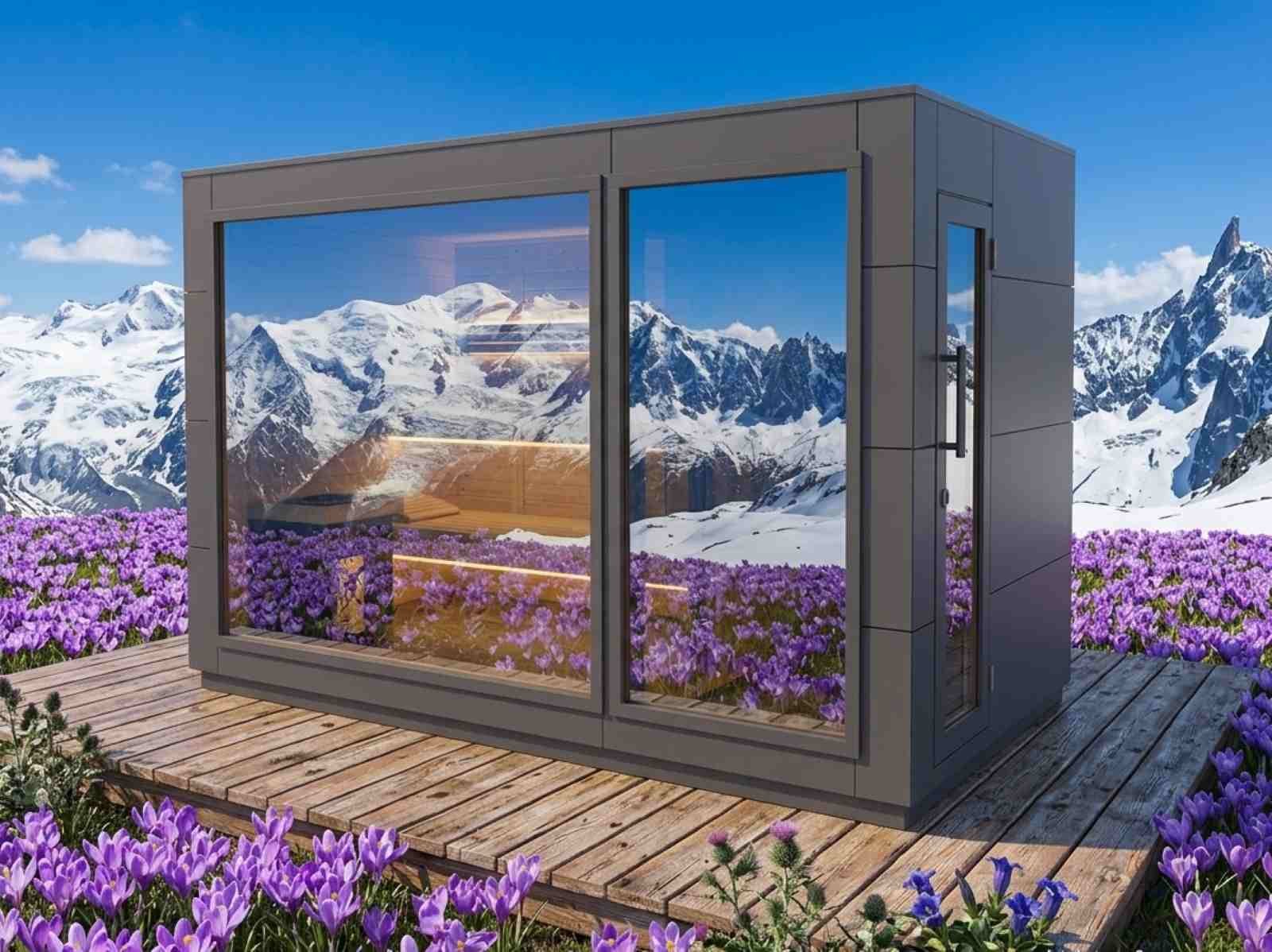 Saunahäuser klein modern für den Garten mit Vorraum Dusche Holzofen Whirlpool Glasfront Ruheraum für 2-3-4-5-6 Personen Luxus vormontiert mit Aufbau Cube Panaromafenster Kosten