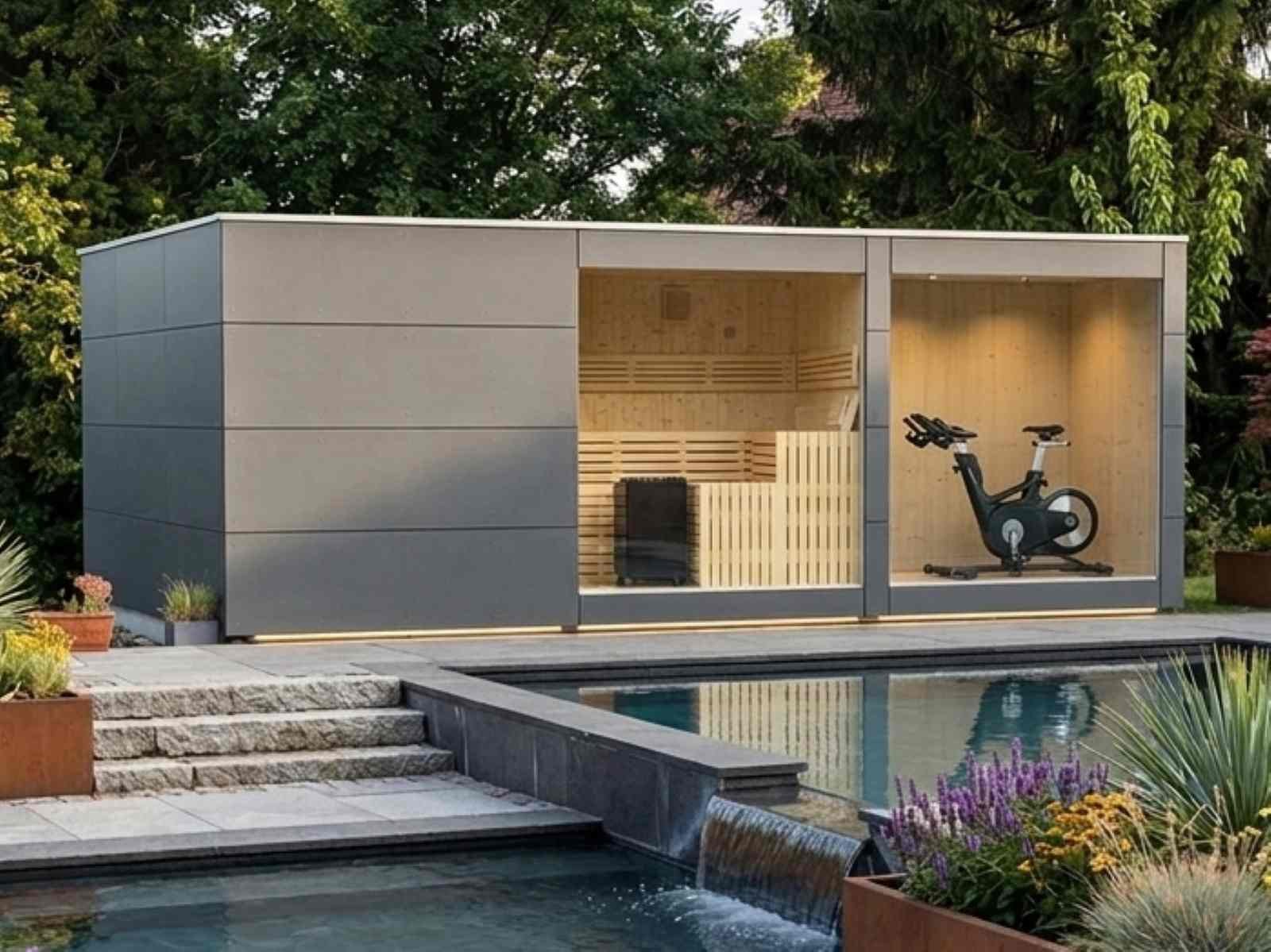 Saunahäuser modern für den Garten mit Vorraum Dusche Holzofen Whirlpool Glasfront Ruheraum für 2-3-4-5-6 Personen Luxus vormontiert mit Aufbauservice Cube Panaromafenster Kosten