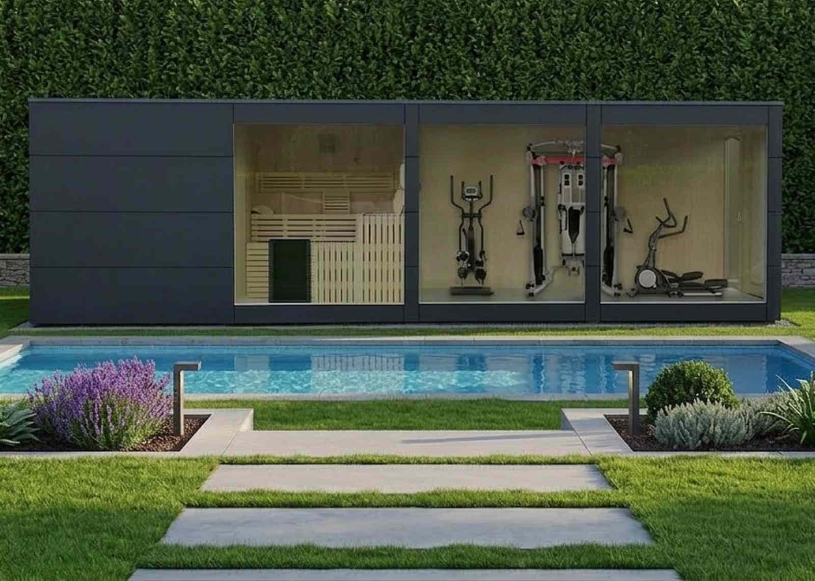 Saunahäuser modern für den Garten mit Vorraum Dusche Holzofen Whirlpool Glasfront Ruheraum für 2-3-4-5-6 Personen Luxus vormontiert mit Montage Cube Panaromafenster Kosten