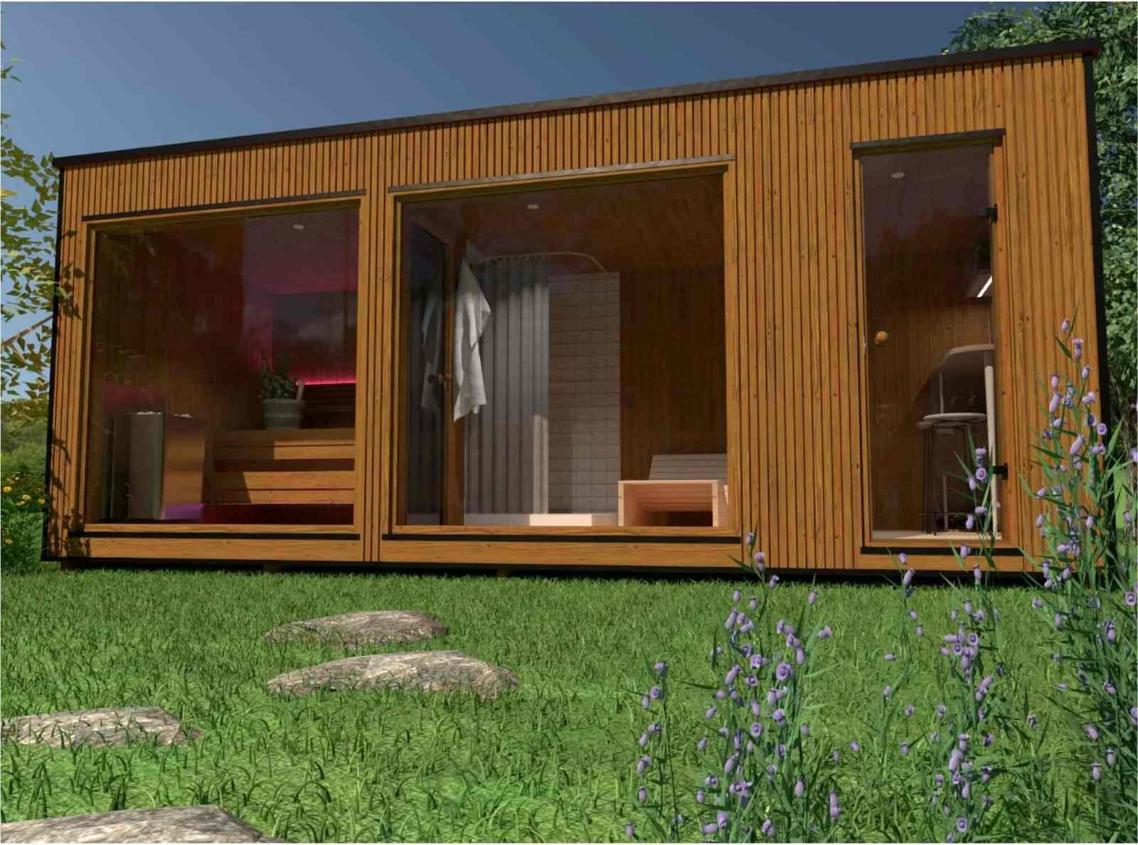 Saunahaus Cube mit Vorraum Sauna Cuben Gartensauna Glasfront kaufen mit Holzofen 2-3-4-5-6 Personen Außensauna modern Design Ruheraum vormontiert mit Aufbau aus Thermoholz