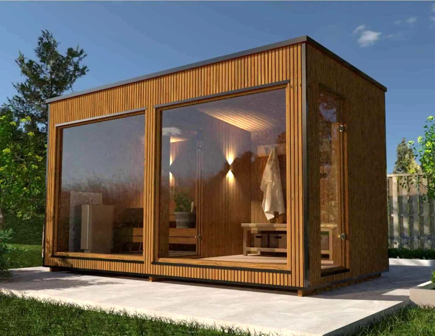 Saunahaus Cube mit Vorraum Sauna Kubus Gartensauna Glasfront kaufen mit Holzofen 2-3-4-5-6 Personen Außensauna modern Design Ruheraum vormontiert mit Aufbau aus Thermo-Holz