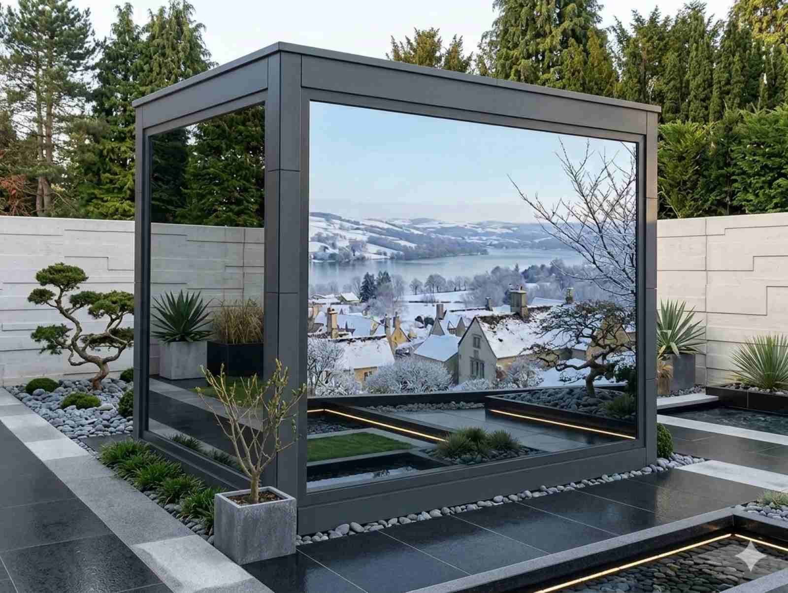 Saunahaus Garten klein mit Holzofen Glasfront Design modern Cube HPL kleine Gartensauna Sauna outdoor mini Außensauna Panoramafenster Luxus Premium Ideen
