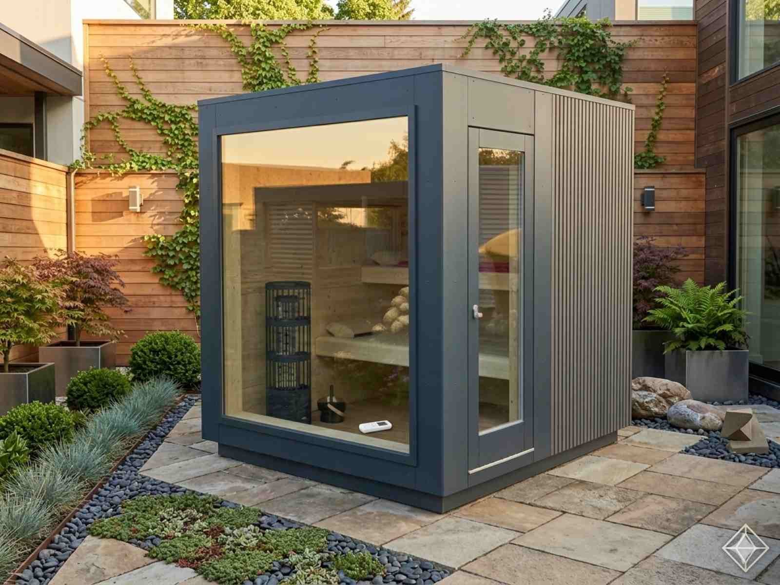 Saunahaus Garten klein mit Holzofen Glasfront Design modern Cube HPL kleine Gartensauna Sauna outdoor mini Außensauna Panoramafenster Luxus Premium