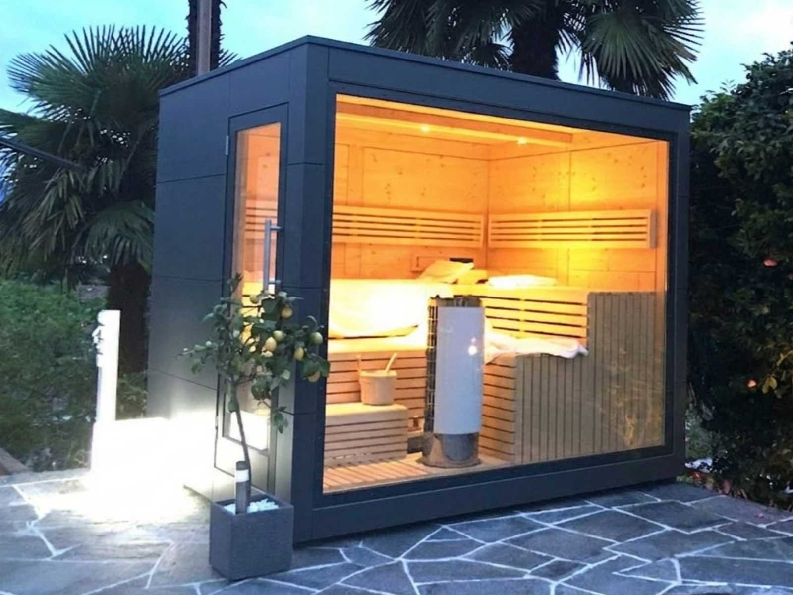 Saunahaus Garten mit Holzofen Glasfront Design modern Cube HPL Gartensauna Outdoor Sauna kaufen Außensauna Panoramafenster Luxus Premium exklusiv neu