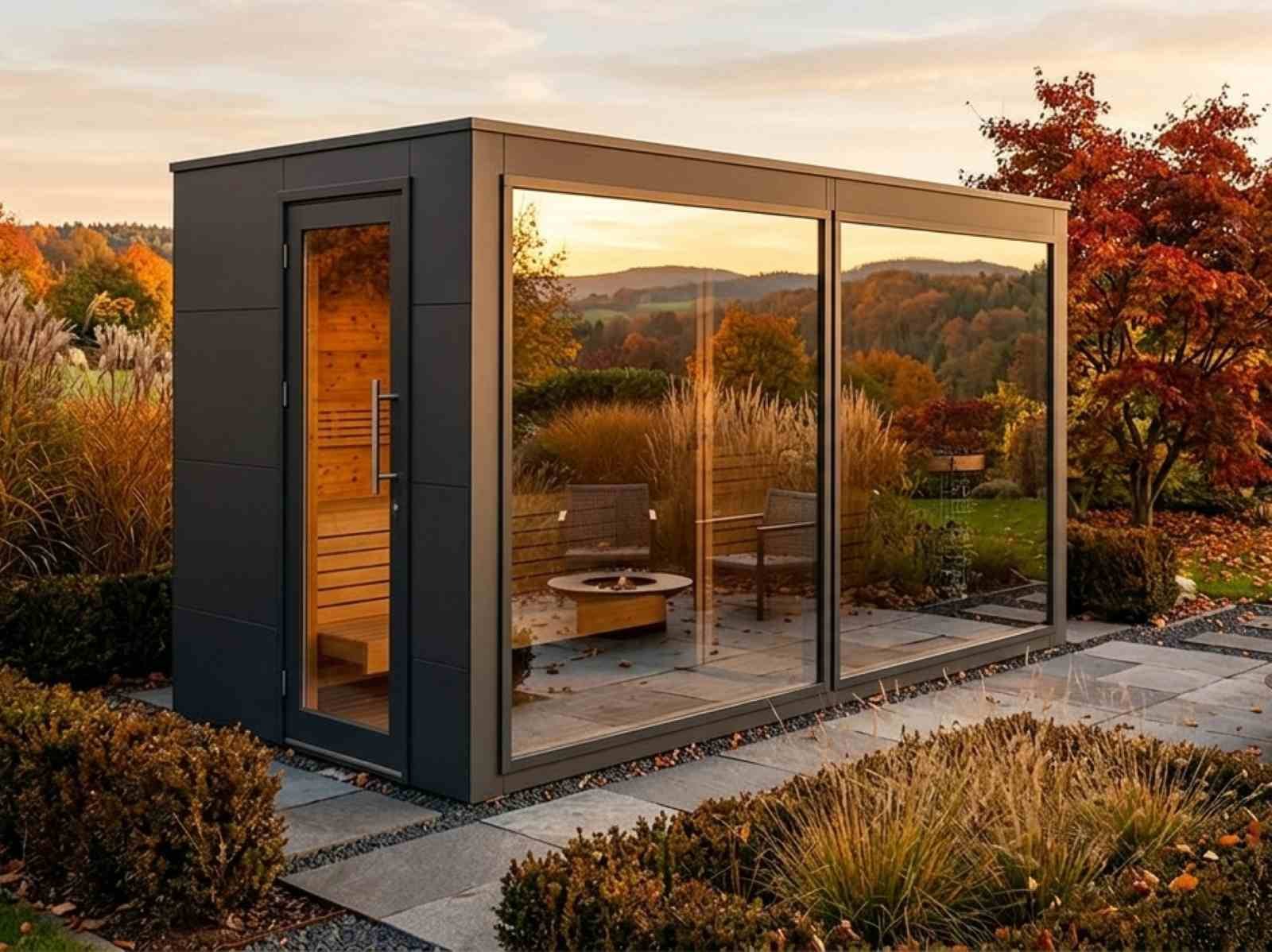Saunahaus Garten mit Vorraum Holzofen Glasfront Design modern Cube HPL Gartensauna mit Vorraum Outdoor Sauna kaufen Außensauna mit Ruheraum Panoramafenster Luxus Premium exklusiv Ideen