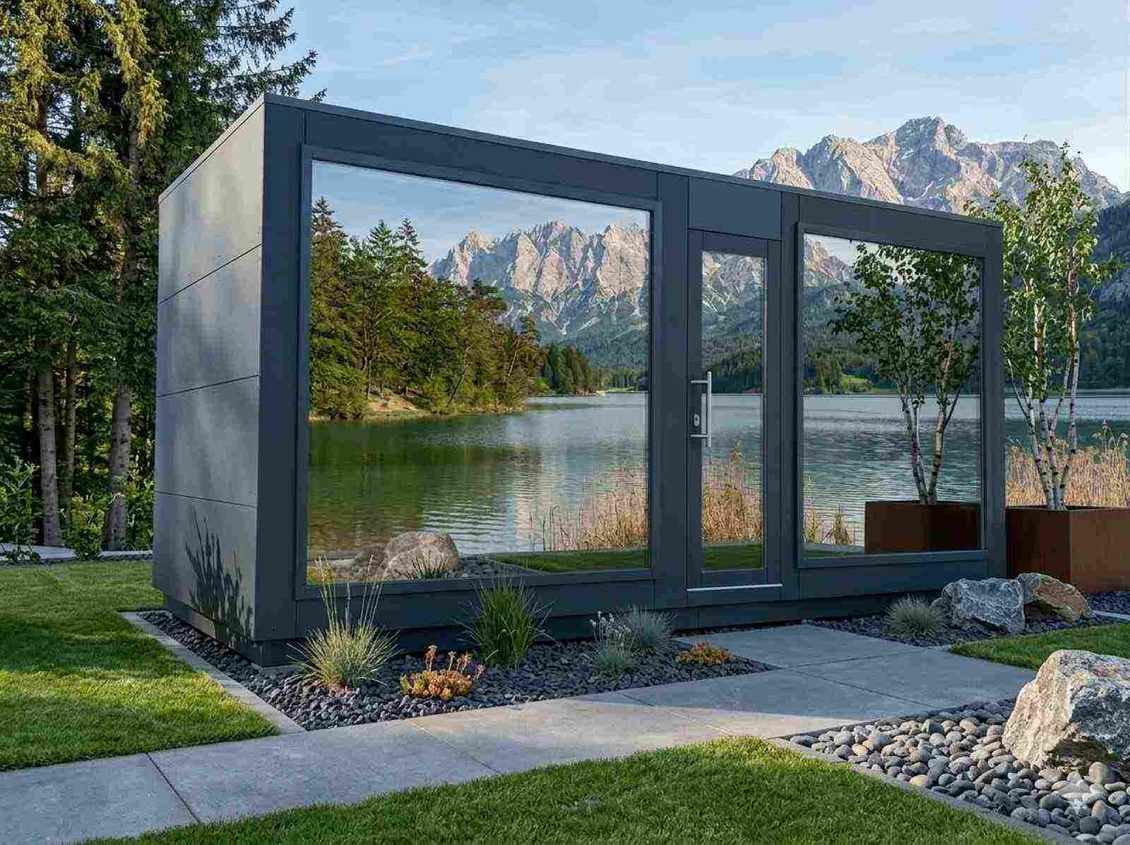Saunahaus Garten mit Vorraum Holzofen Glasfront Design modern Cube HPL Gartensauna mit Vorraum Sauna outdoor Außensauna mit Ruheraum Panoramafenster Luxus Premium exklusiv