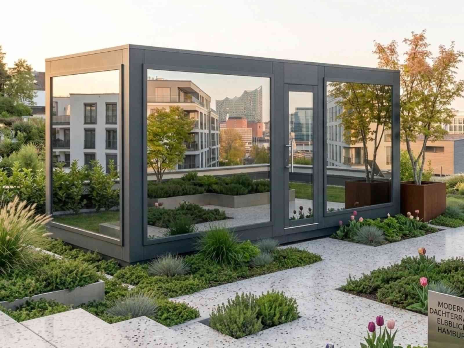 Saunahaus Garten mit Vorraum Holzofen Spiegelglas Glasfront Design modern Cube HPL Gartensauna mit Vorraum Outdoor Sauna kaufen Außensauna mit Ruheraum Luxus Premium exklusiv