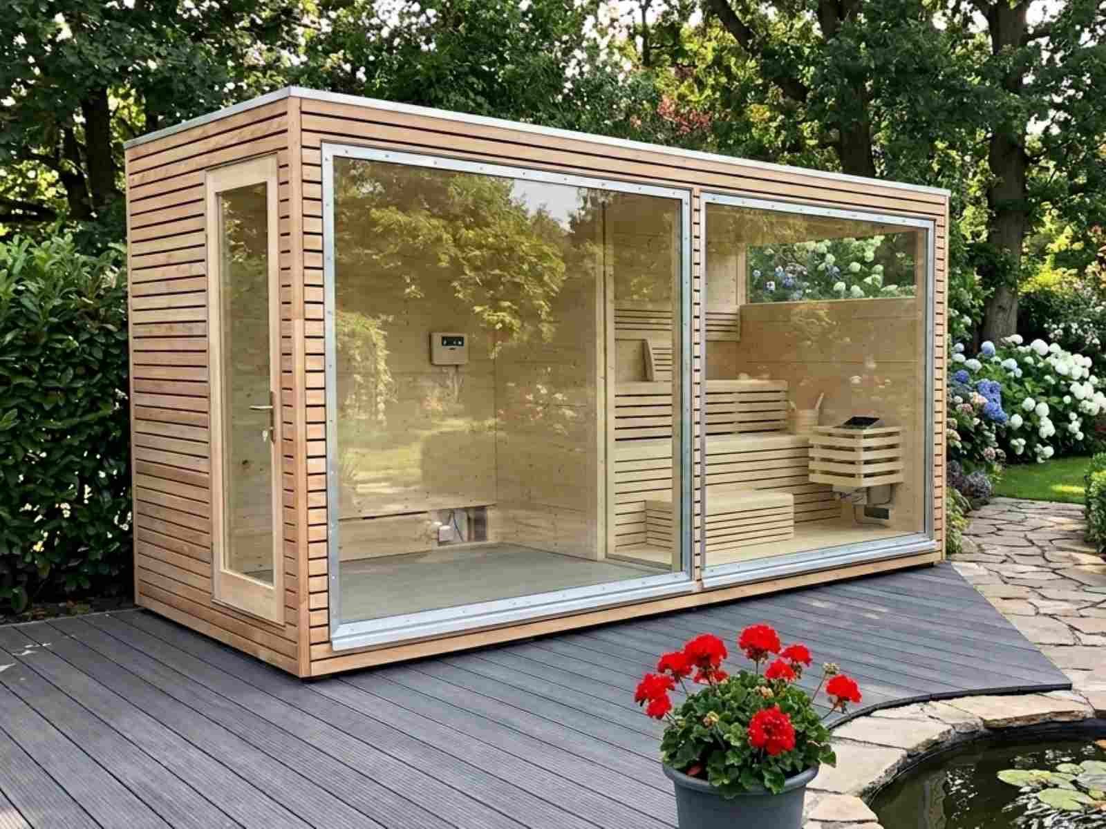Saunahaus Garten mit Vorraum aus Holz Holzofen Glasfront Design modern Cube HPL Gartensauna mit Vorraum Sauna outdoor Außensauna mit Ruheraum Panoramafenster Luxus Premium