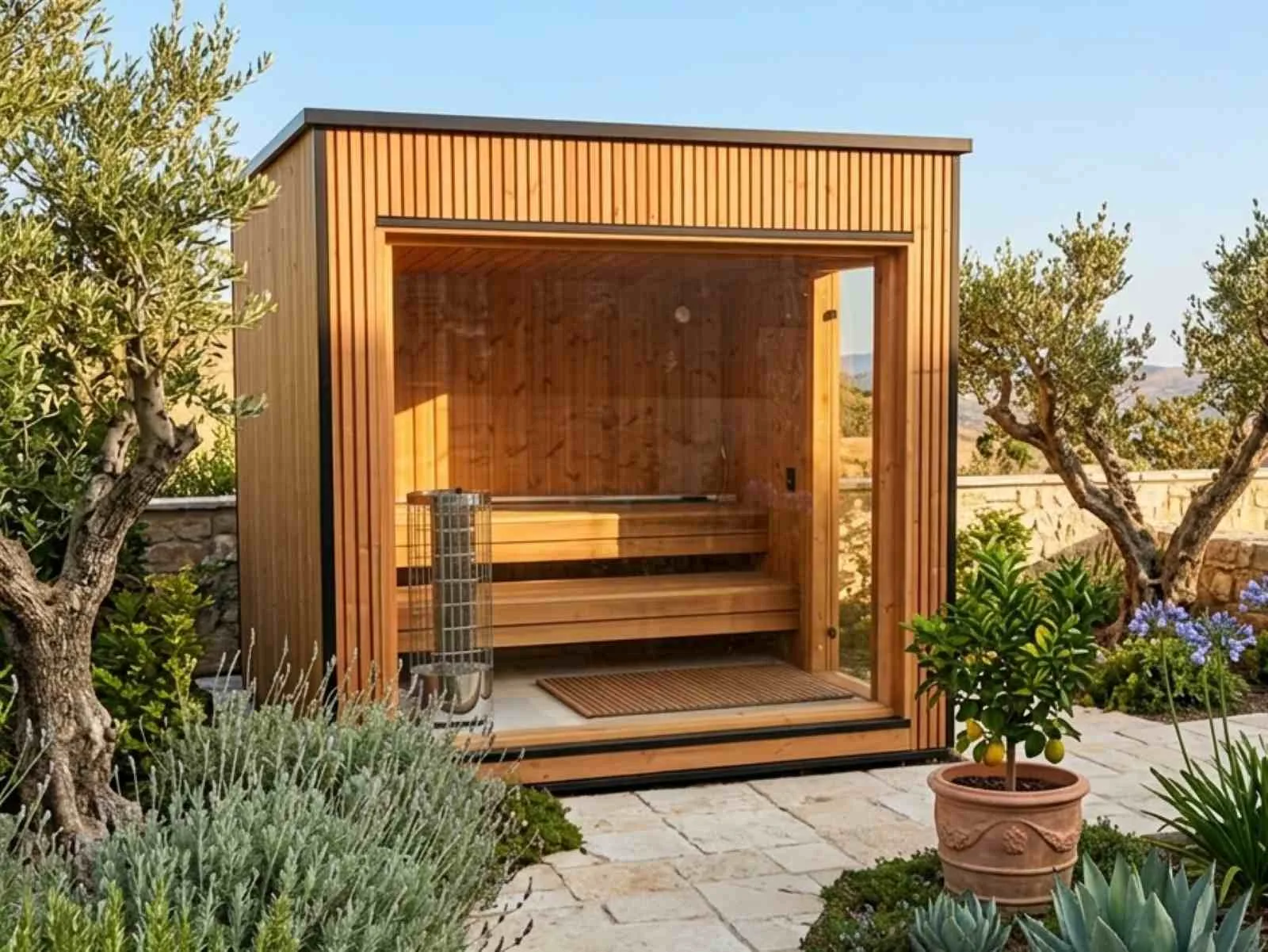 Saunahaus für 2 3 4 5 6 Personen klein mit Holzofen kaufen modern Outdoor Glasfront mit Preise Kosten Glas Aussensauna Design vormontiert mit Montage