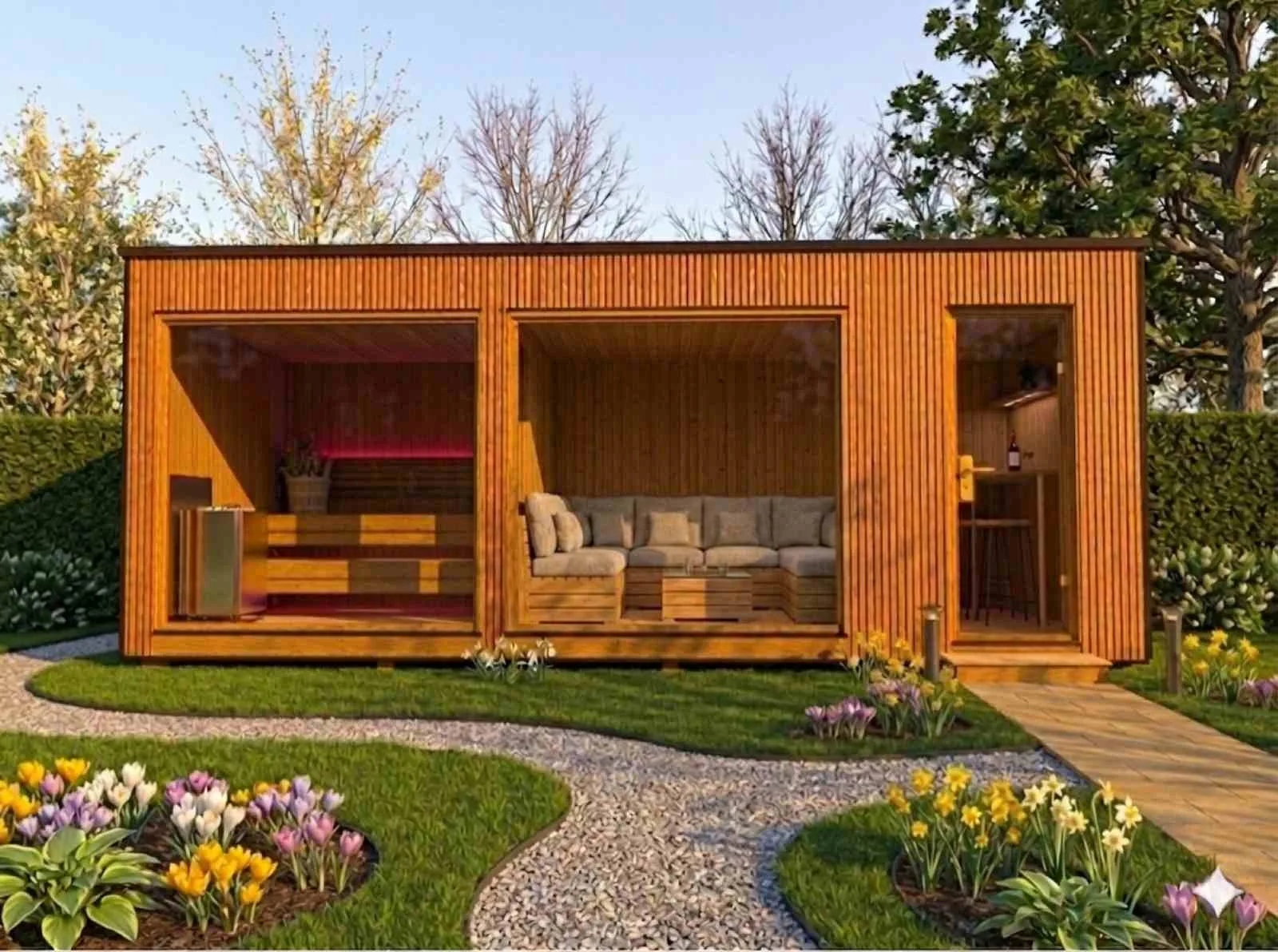 Saunahaus für 2 3 4 5 6 Personen mit Vorraum Holzofen Ruheraum kaufen Design modern Outdoor aus Holz Glasfront mit Preis Kosten Glas Außensauna vormontiert mit Aufbau