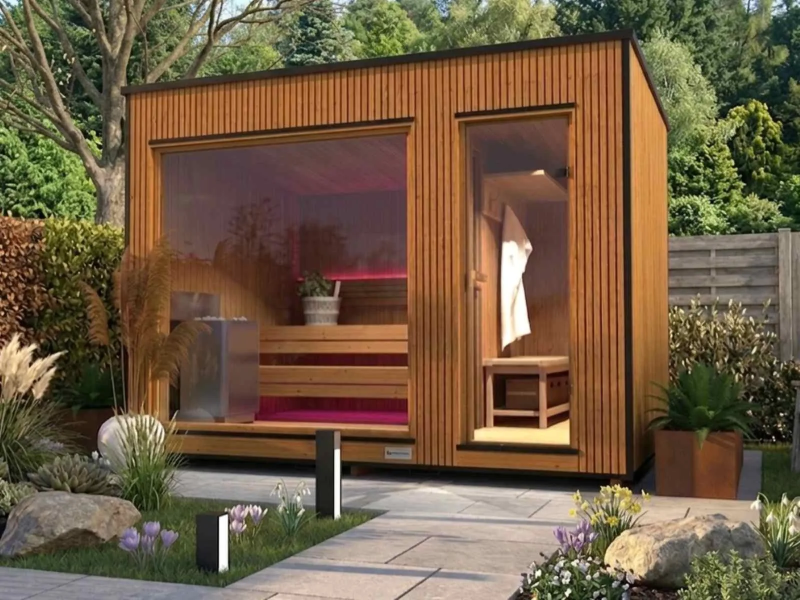 Saunahaus für 2 3 4 5 6 Personen mit Vorraum Holzofen Ruheraum kaufen modern Outdoor Glasfront mit Preise Kosten Glas neu Aussensauna Design vormontiert mit Montage