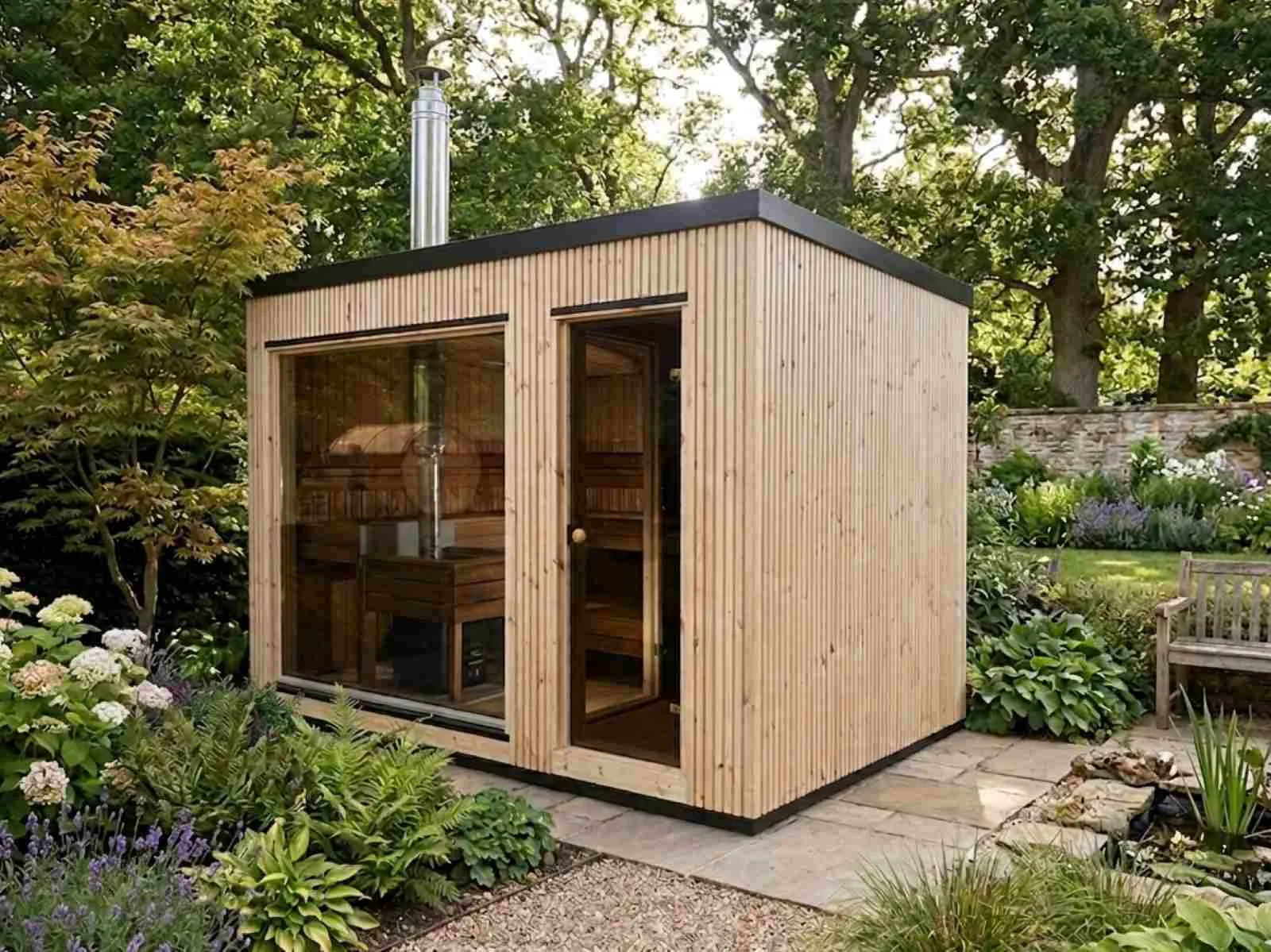 Saunahaus für 2 3 4 5 6 Personen mit Vorraum und Holzofen Ruheraum kaufen Design modern Outdoor aus Holz Glasfront mit Preis Kosten Glas Außensauna vormontiert mit Montage