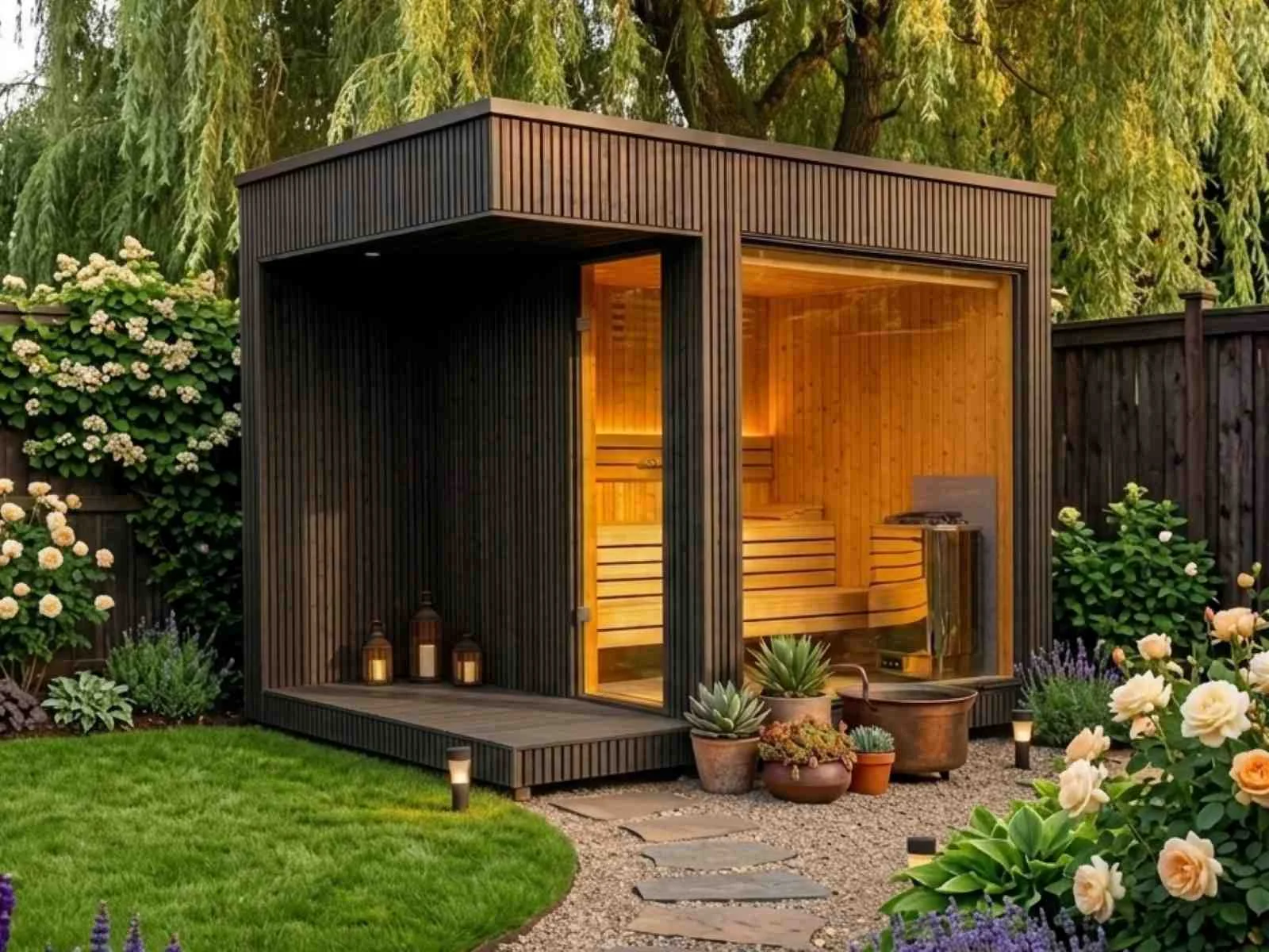 Saunahaus für 2 3 4 5 6 Personen mit Vorraum und Terrasse klein Holzofen Ruheraum kaufen Design modern Outdoor aus Holz Glasfront mit Preis Glas Außensauna vormontiert
