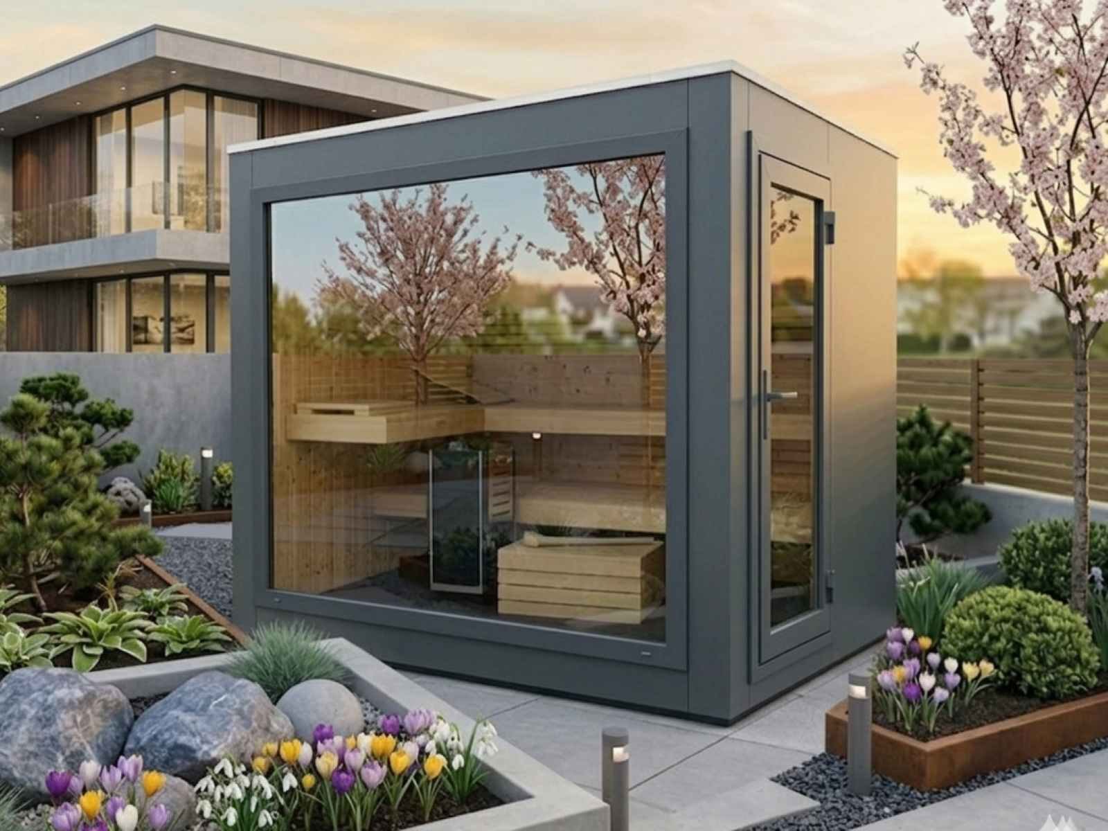 Saunahaus für den Garten klein Holzofen Whirlpool Dusche modern Glasfront verspiegelt für 2-3-4-5-6 Personen Luxus vormontiert mit Aufbau Cube Preis Panaromafenster