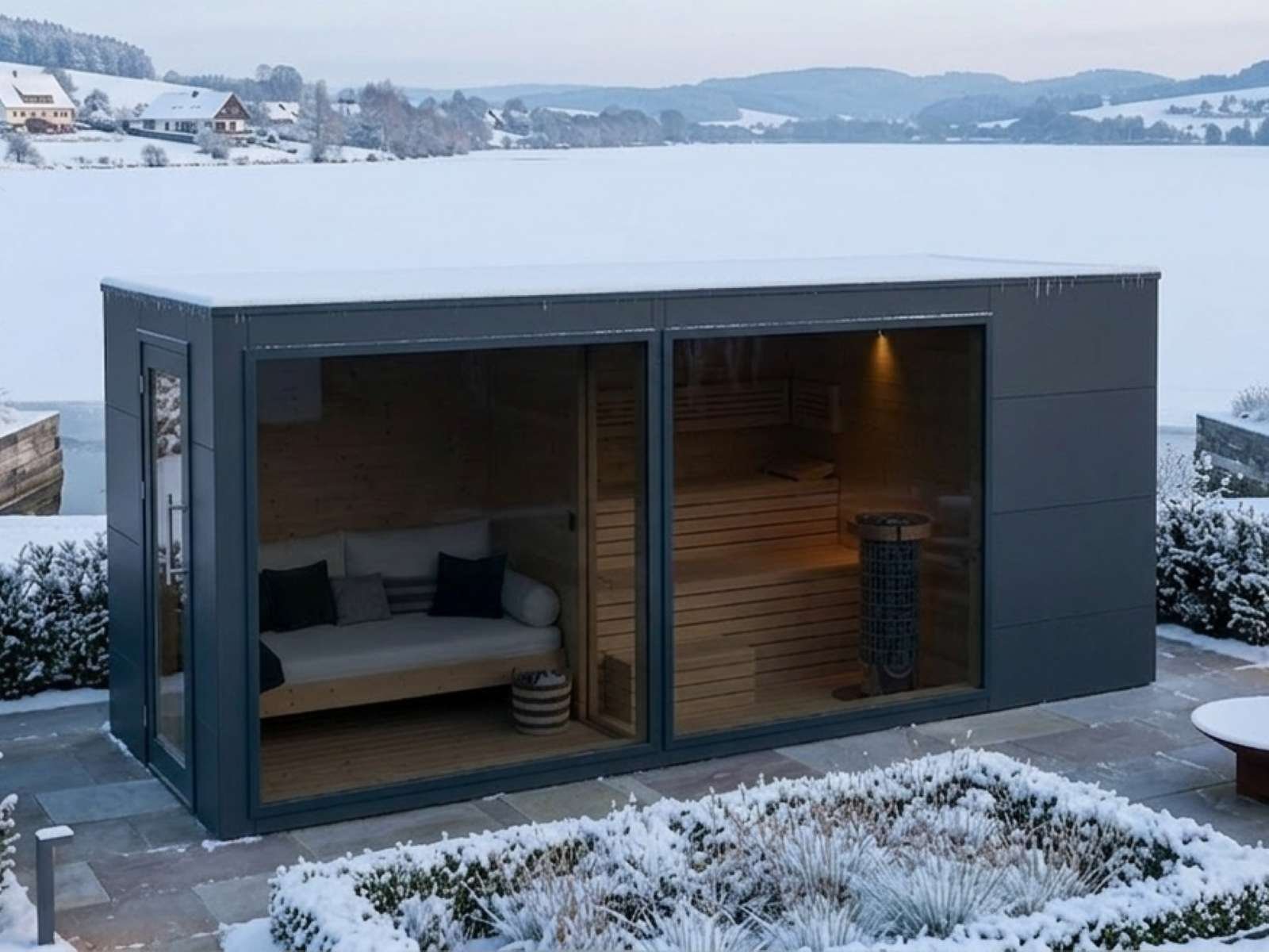 Saunahaus für den Garten mit Vorraum Holzofen Whirlpool Dusche modern Glasfront verspiegelt Ruheraum für 2-3-4-5-6 Personen Luxus vormontiert mit Aufbau Cube Kosten Panaromafenster