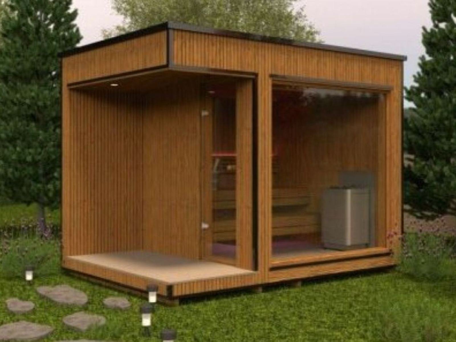 Saunahaus klein kaufen mit Holzofen modern mini mit Terrasse Glasfront Preise Kosten Gartensauna Glas Außensauna Design vormontiert mit Montageservice