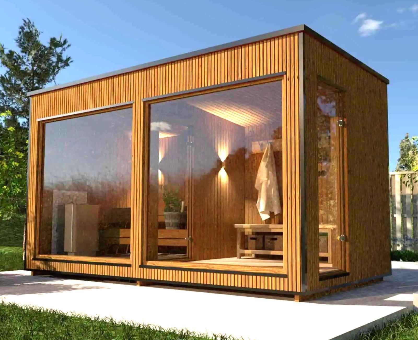 Saunahaus klein mit Vorraum kaufen Holzofen Ruheraum modern mit Glasfront Whirlpool Preise Kosten Gartensauna Glas Saunahaus Design vormontiert mit Montageservice