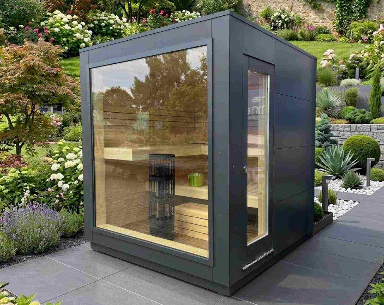 Saunahaus klein modern kaufen Cube GS2 mini Außensauna mit Glasfront Sauna outdoor Panoramafenster Design mit Holzofen Elektroofen luxus premium Preise