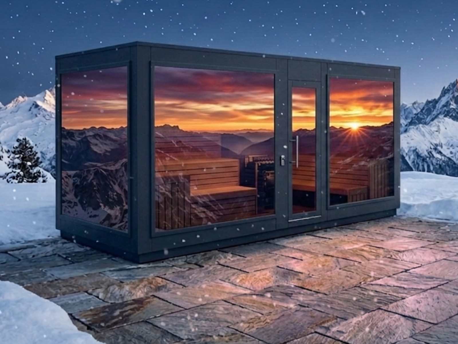 Saunahaus mit Dusche und Vorraum Whirlpool WC für Garten modern Glas Spiegelglas Elektroofen Holzofen kaufen 2-3-4-5-6 Personen Preis Glasfront Kosten Panoramafenster Montage vormontiert
