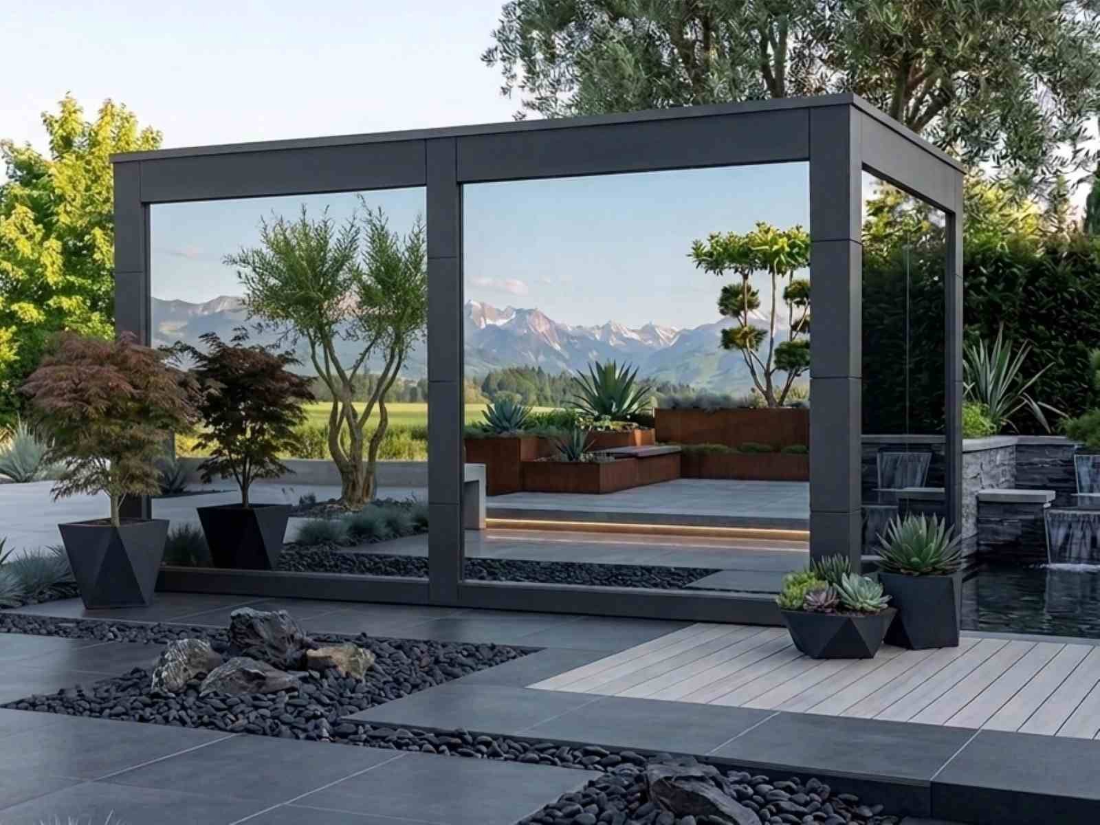 Saunahaus mit Dusche und Whirlpool kaufen Holzofen Vorraum Ruheraum Deutschland Österreich Schweiz neu WC modern Glas 2-3-4-5-6 Personen Glasfront Panorama mit Montage