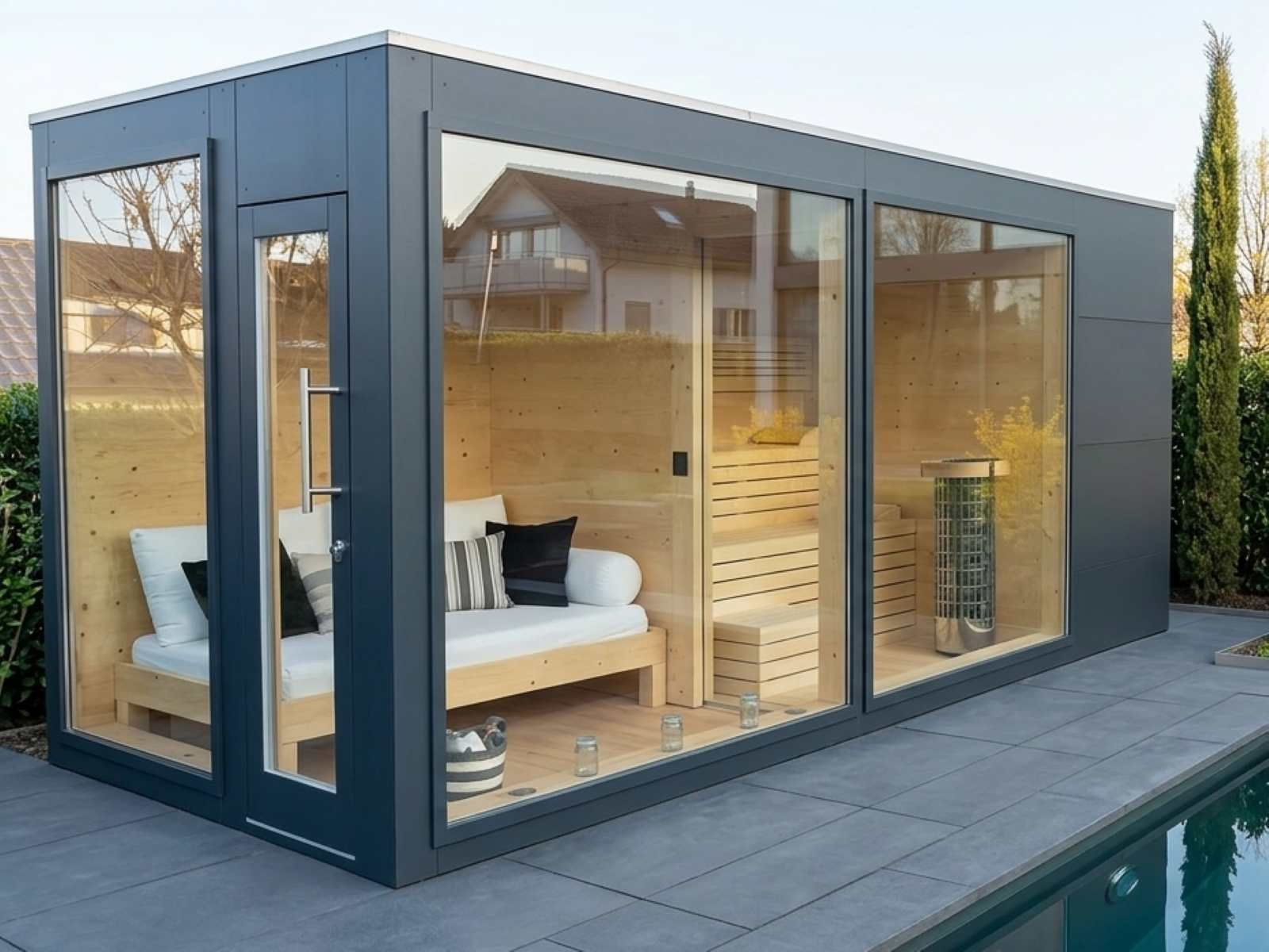 Saunahaus mit Dusche und Whirlpool kaufen Holzofen Vorraum Ruheraum Deutschland Österreich Schweiz neu WC modern Glas 2-3-4-5-6 Personen Glasfront Panorama vormontiert