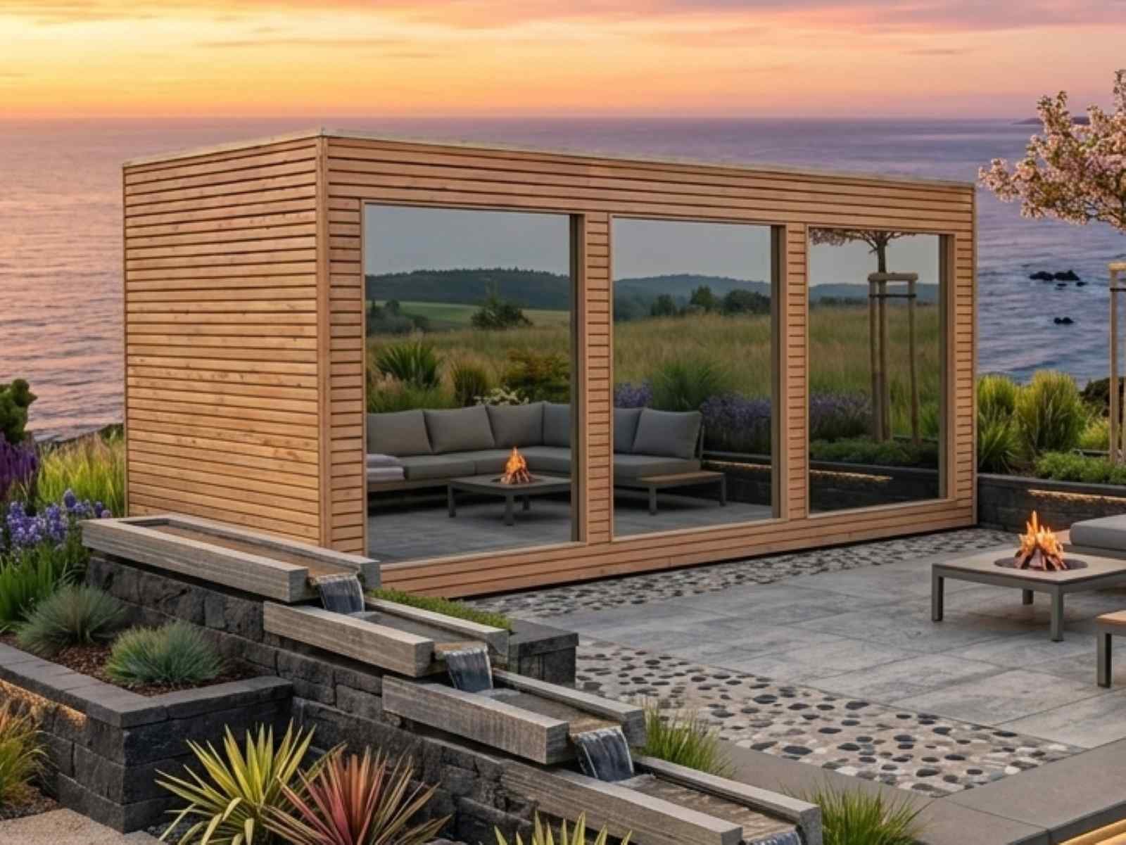 Saunahaus mit Dusche und Whirlpool kaufen aus Holz Holzofen Vorraum Ruheraum Deutschland Österreich Schweiz neu WC modern Glas 2-3-4-5-6 Personen Glasfront Panorama vormontiert